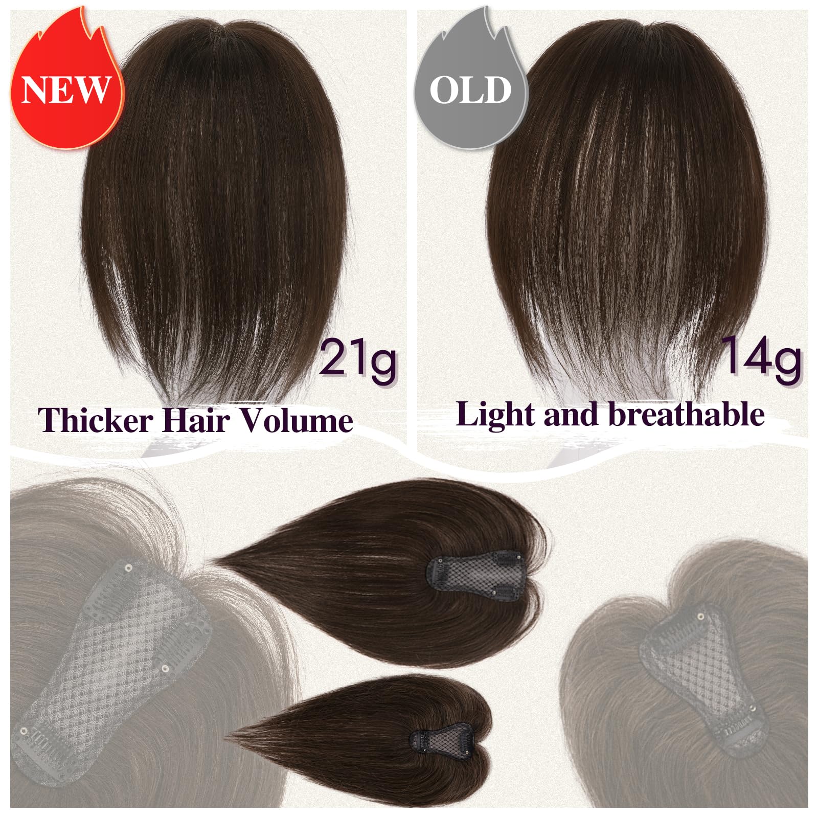RUWISS Topper Cheveux Humain Femme Marron Foncé Hair Topper Natural Postiches à Clip Légère Droits Cheveux Humains sans Franges