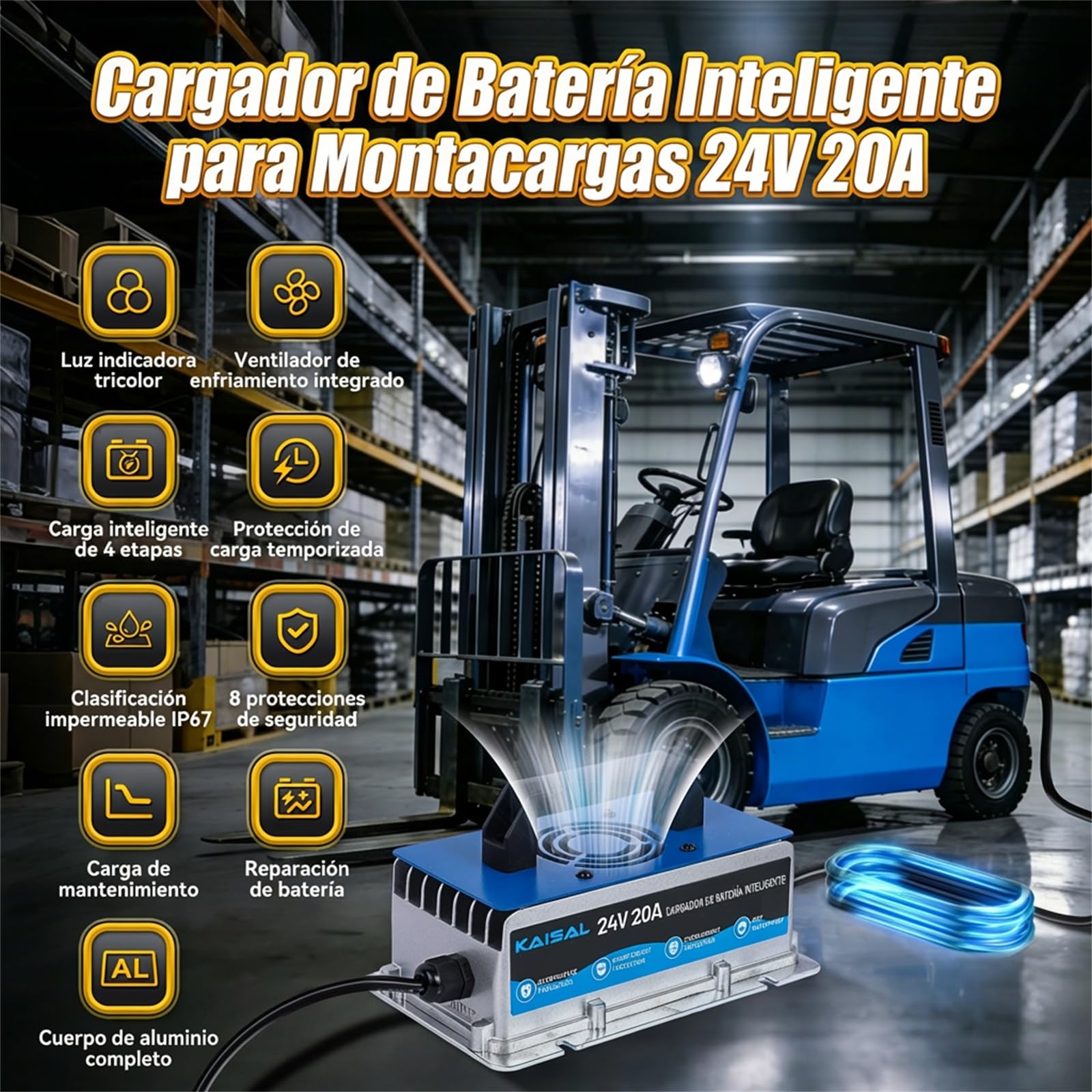 KAISAL 24V 20A Cargador de Batería Carretilla Elevadora, 24 V Cargador con Conector Anderson, Cargador de Mantenimiento Automático para 24 V Baterías de Plomo