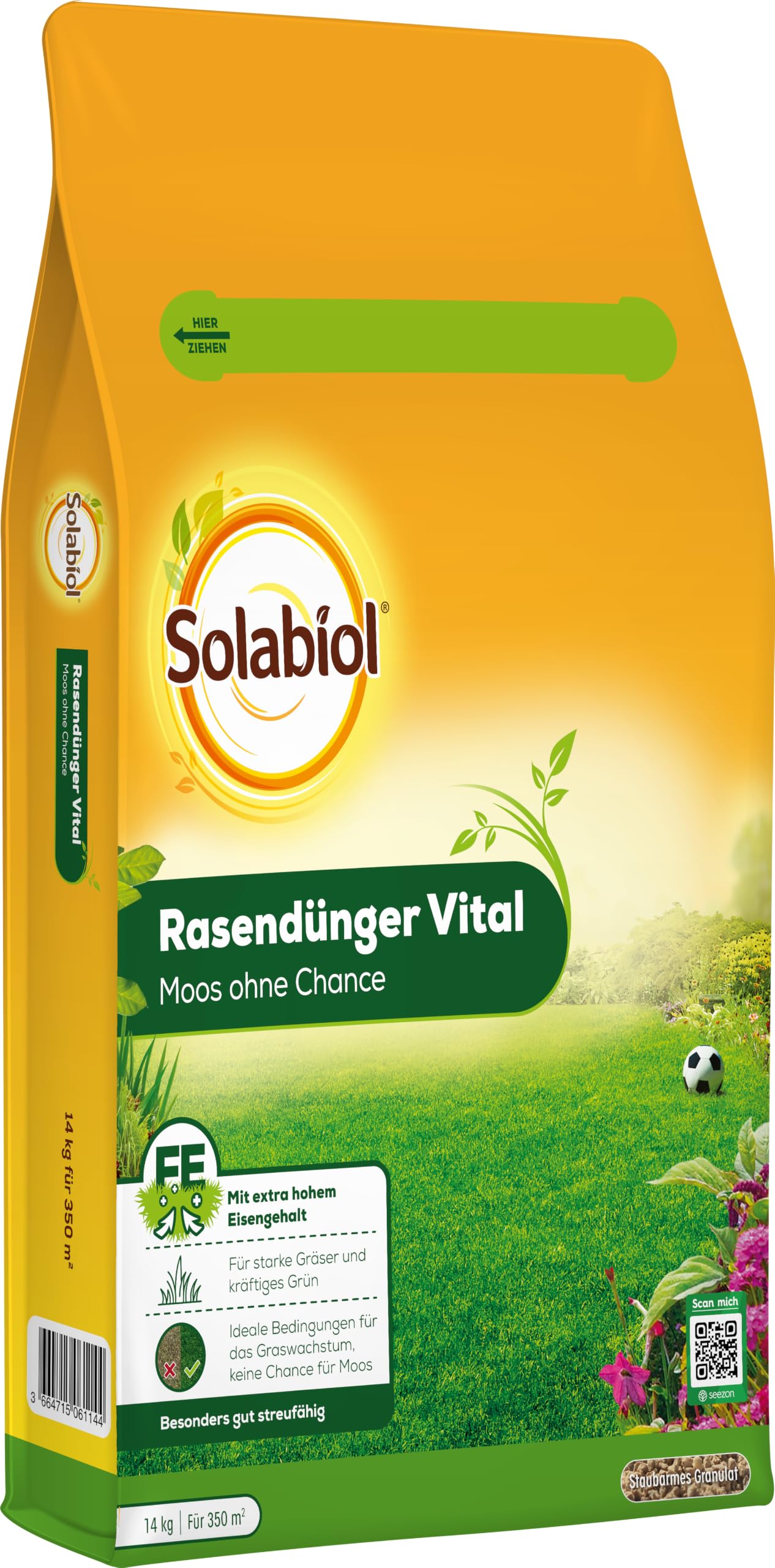 Solabiol Rasendünger Vital mit Langzeitwirkung für Frühjahr und Sommer, organischer Dünger, verdrängt Moos, vitaler Rasen, staubarmes Granulat, 14 kg Sack für 350 m²