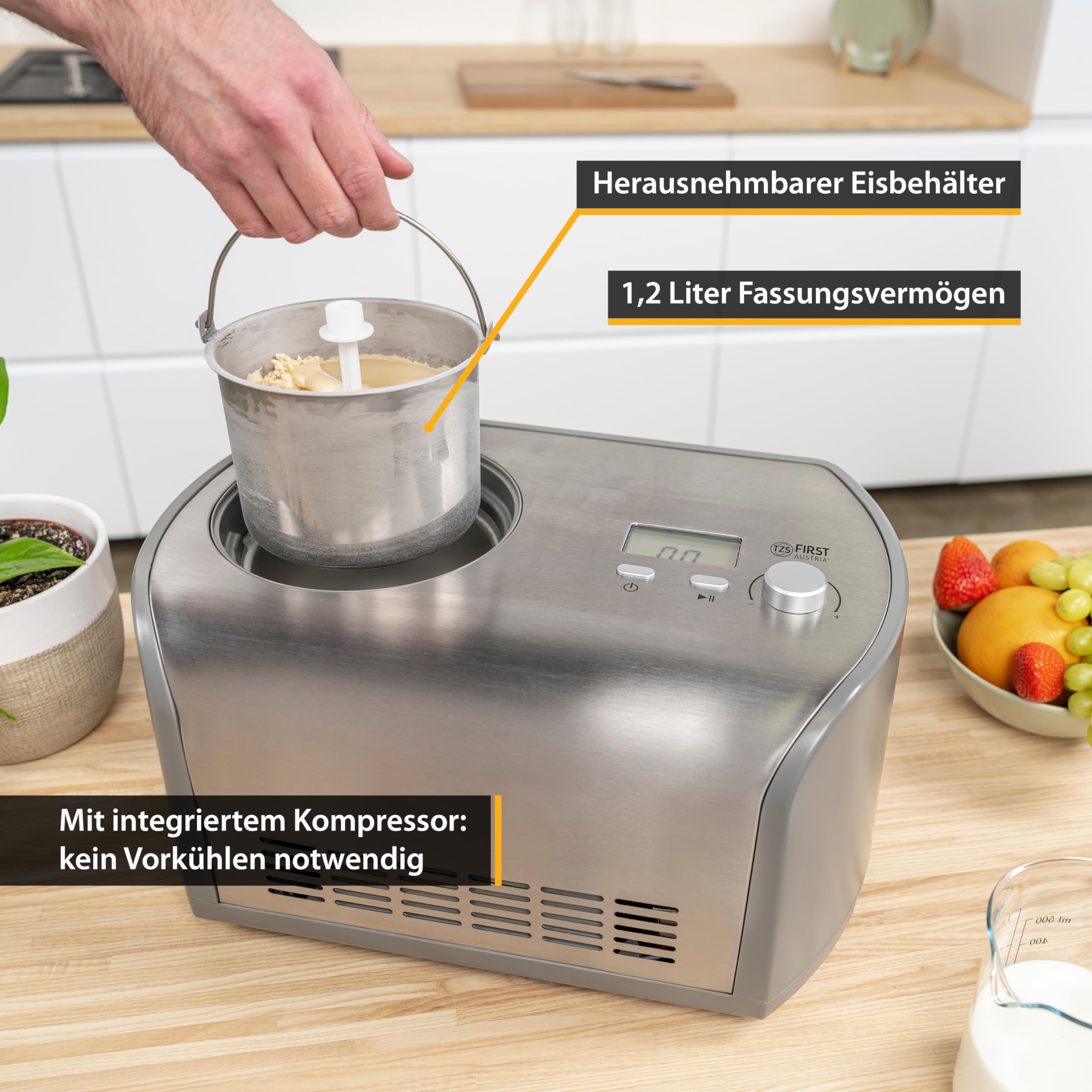 TZS First Austria - Eismaschine 1,2L - 135W - Kompressor & Kühlfunktion - Speiseeisbereiter für Milcheis, Sorbet oder Frozen Yogurt - Edelstahl-Behälter - Grau