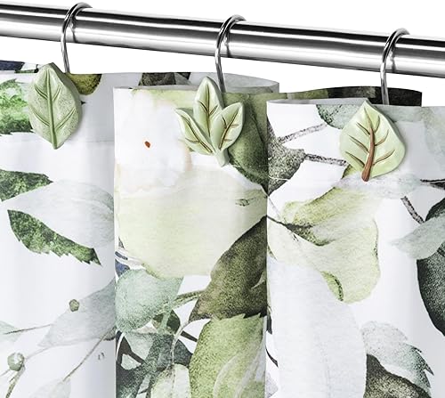 Miniatura 2 de Gibelle Ganchos decorativos para cortina de ducha, 12 piezas de hojas de plantas verdes, ganchos decorativos de metal a prueba de óxido, bonitos