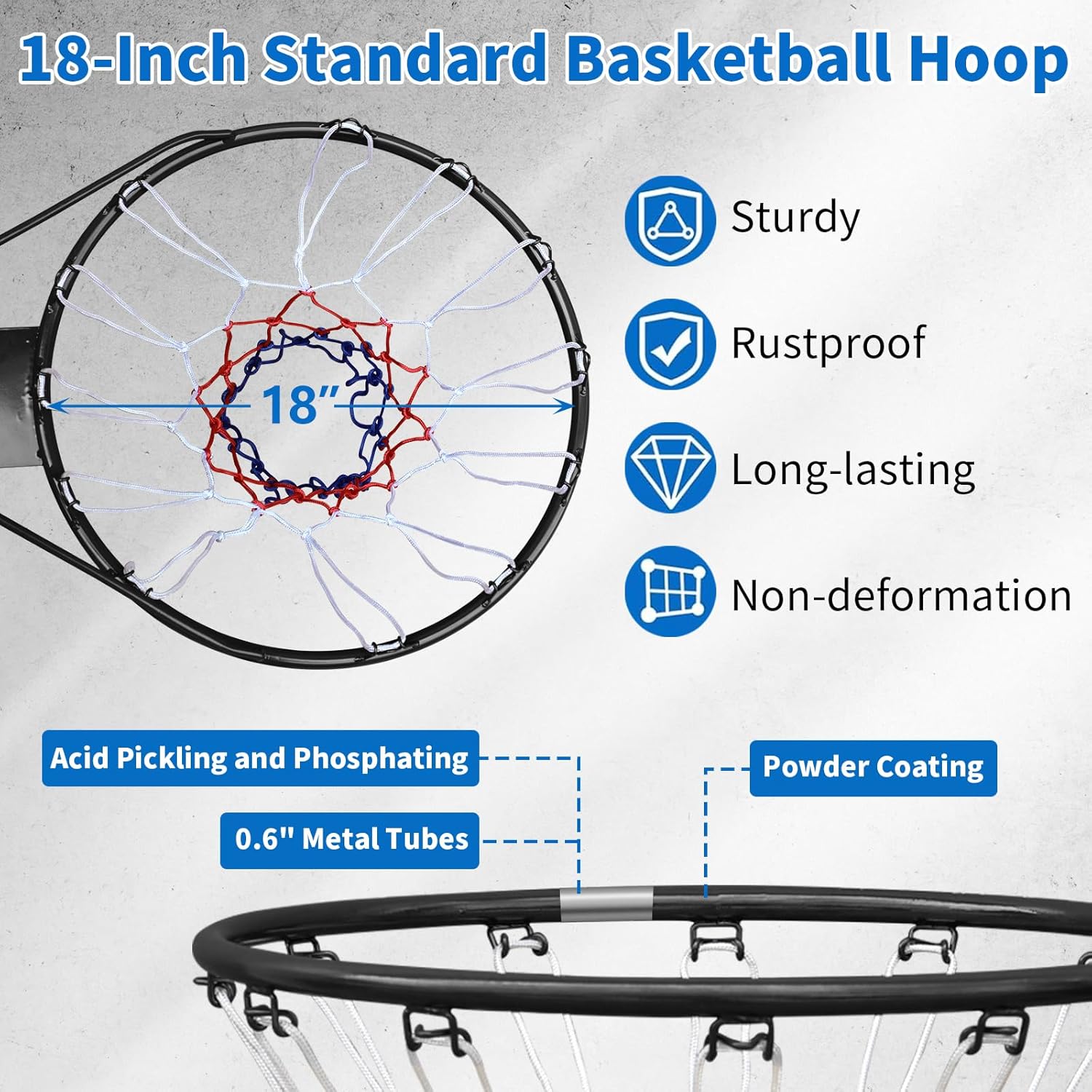 solid basketball rim, athfiner 18" basketball hoop replacement wall mounted outdoor indoor hanging double spring with all weather net