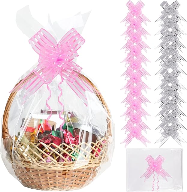 durony 10 Pack Wrap Basket Bags 30 x 40 Inches Pull Bow Set Including Large Clear Cellophane Wrap for Christmas DIY Arts Craft Gifts Packaging