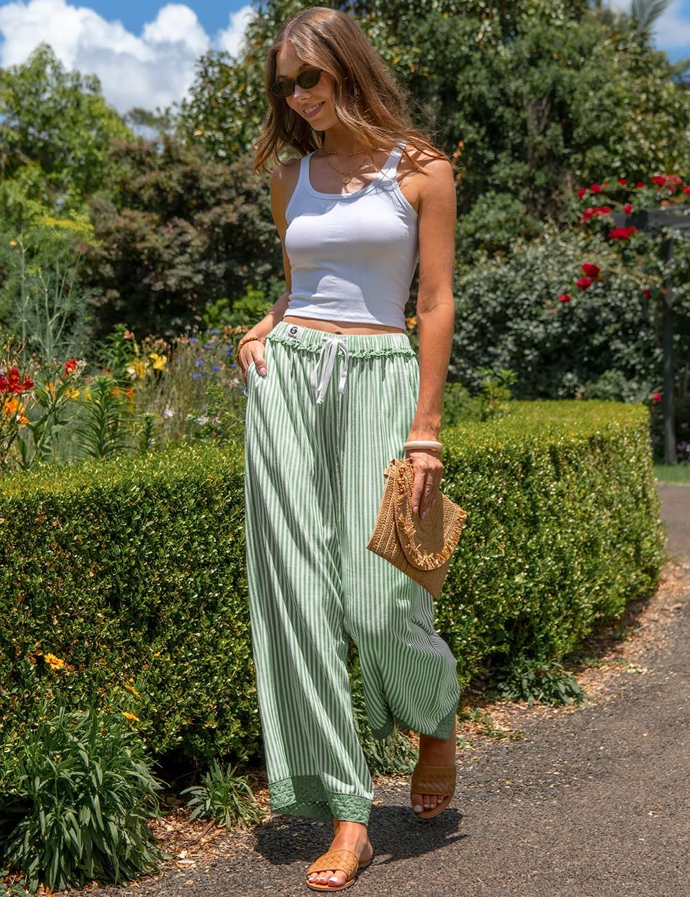 TARSE Womens Striped Lounge Pants Wide Leg Loose Fit Drawstring Casual Boho Summer Vacation Beach Pants - Image 3