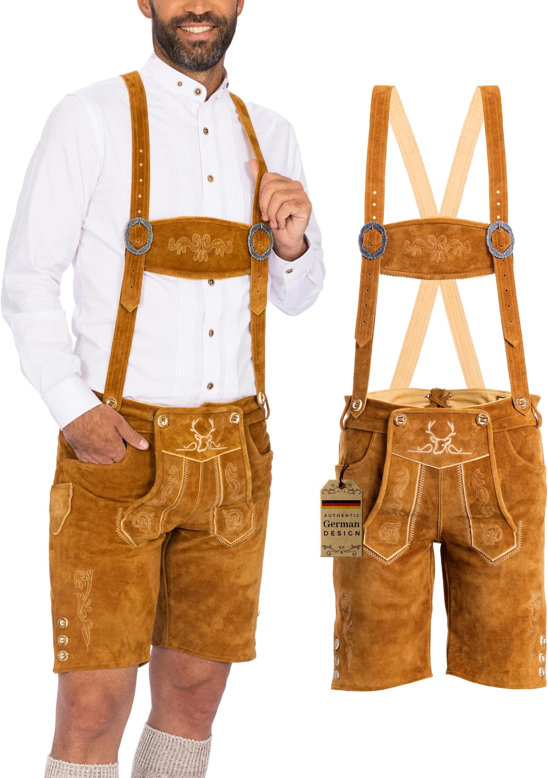 BAVARIA TRACHTENLederhosen Men - Genuine Leather Authentic German Lederhosen for Men, Oktoberfest Outfit - Short Light Brown