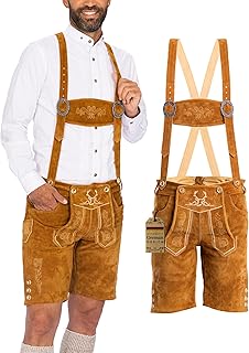Lederhosen Men - Genuine Leather Authentic German Lederhosen for Men, Oktoberfest Outfit - Short Light Brown - Buy now