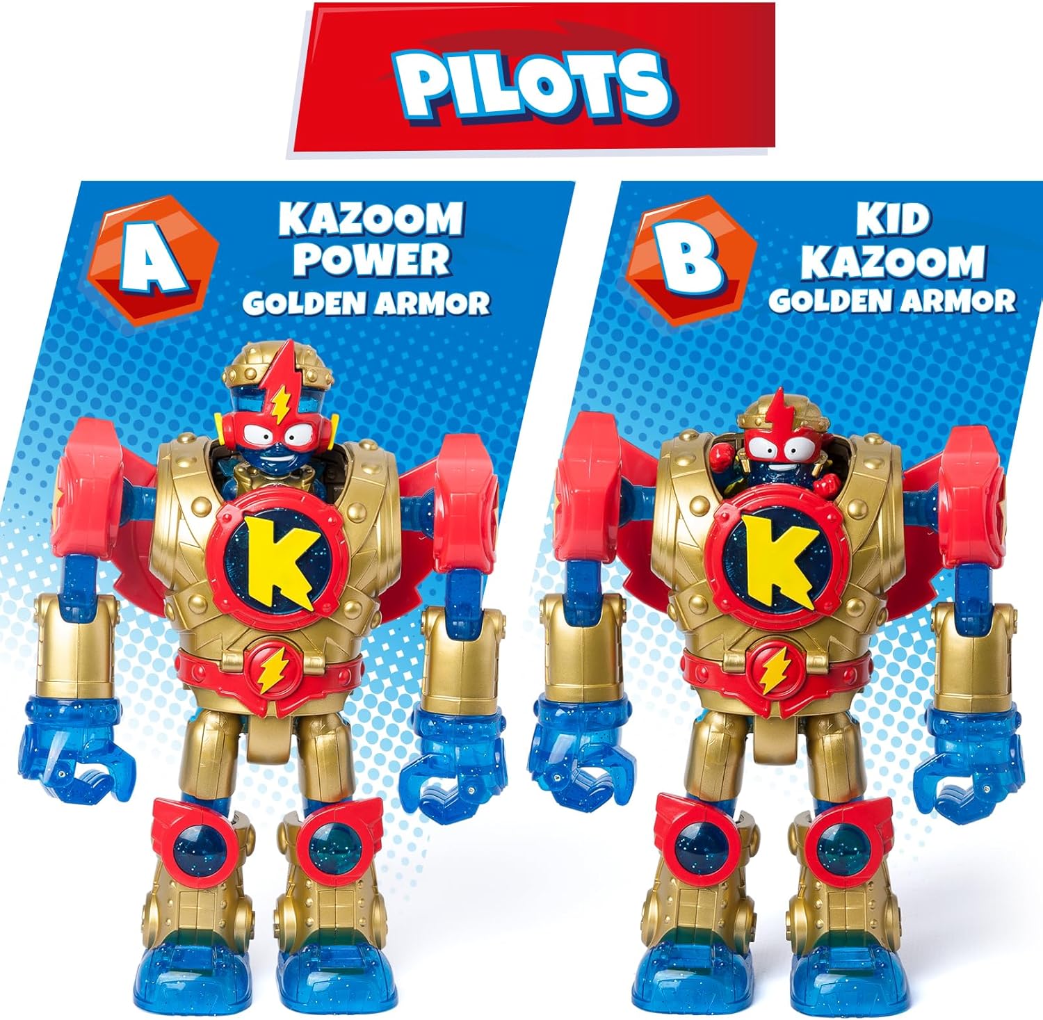 SUPERTHINGS Superbot Kazoom Power Golden Armor – Articulated Kazoom Power Robot Equipped with Golden Armor and Combat Accessories. Includes 1 Exclusive Kazoom Kid and 1 Exclusive Hero SuperThing