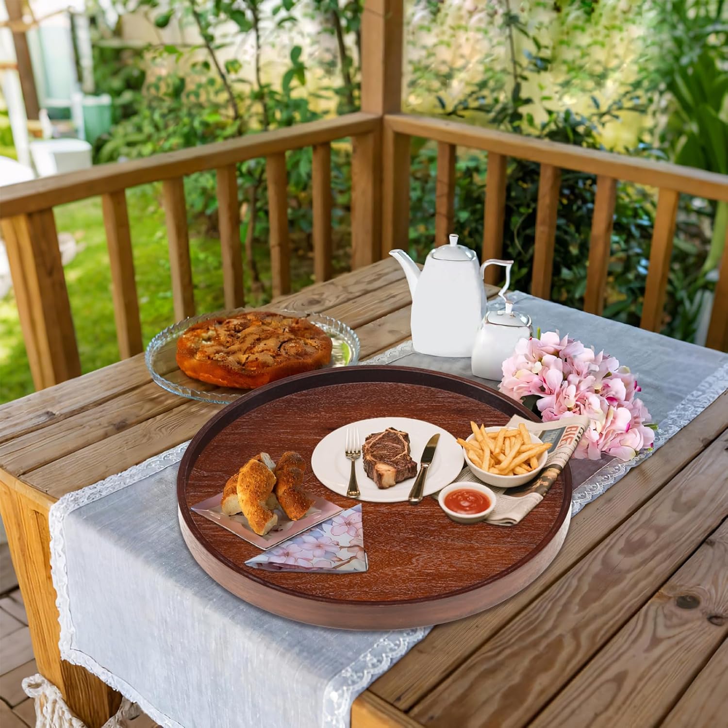 Extra Large Round Solid Wood Serving Tray, Classic Tea Coffee Table Wooden Decorative Ottoman Tray Server for Breakfast in Bed Snack Food Kitchen Party Bar, Raised Edge (23.6inch/60cm) Walnut