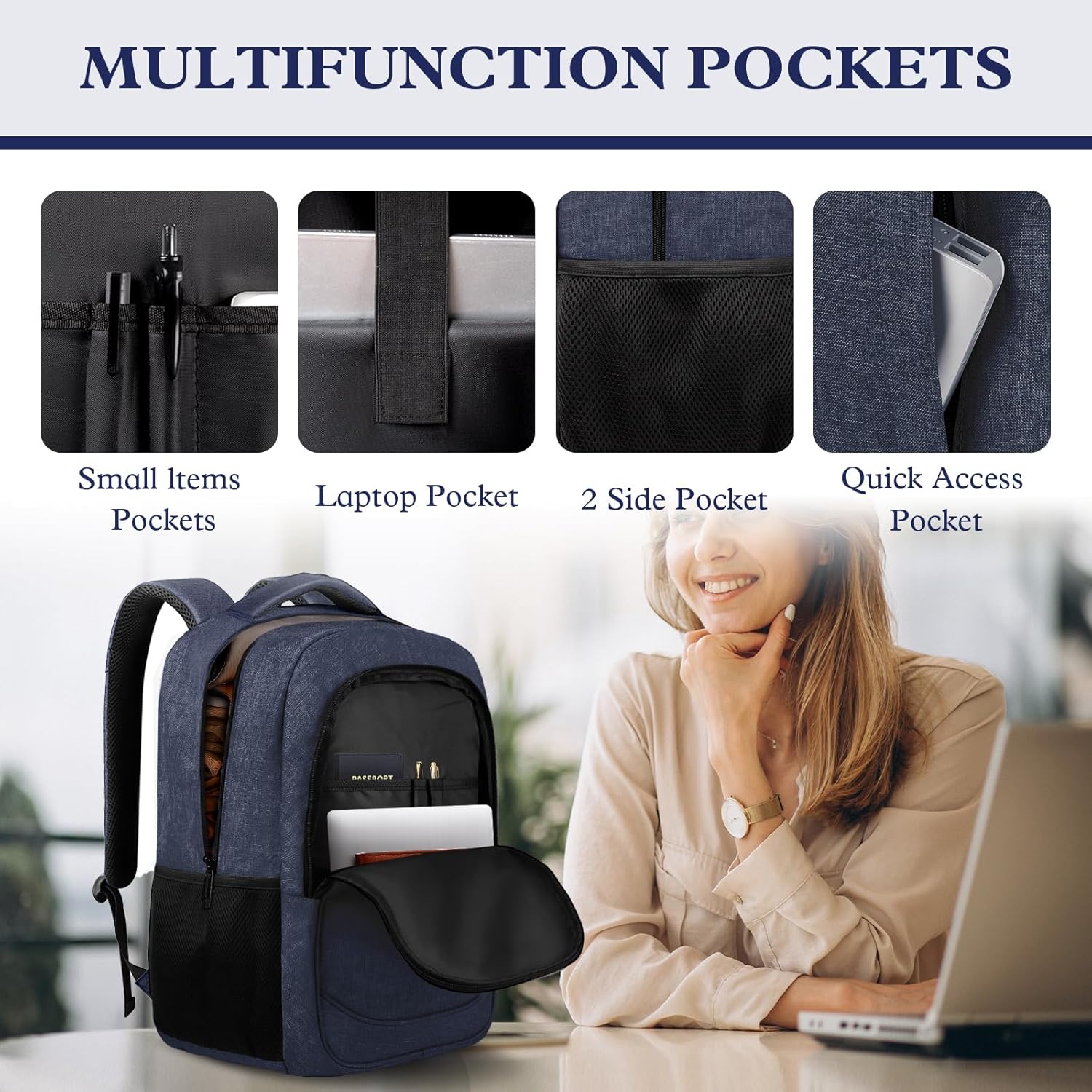 Travel Laptop Backpack, Travel Backpack, Lightweight Business Anti Theft Slim Sturdy Laptops Bag, Water Resistant College School Computer Bag Gift for Men & Women Fits 15.6 Inch Notebook, Blue - Image 3