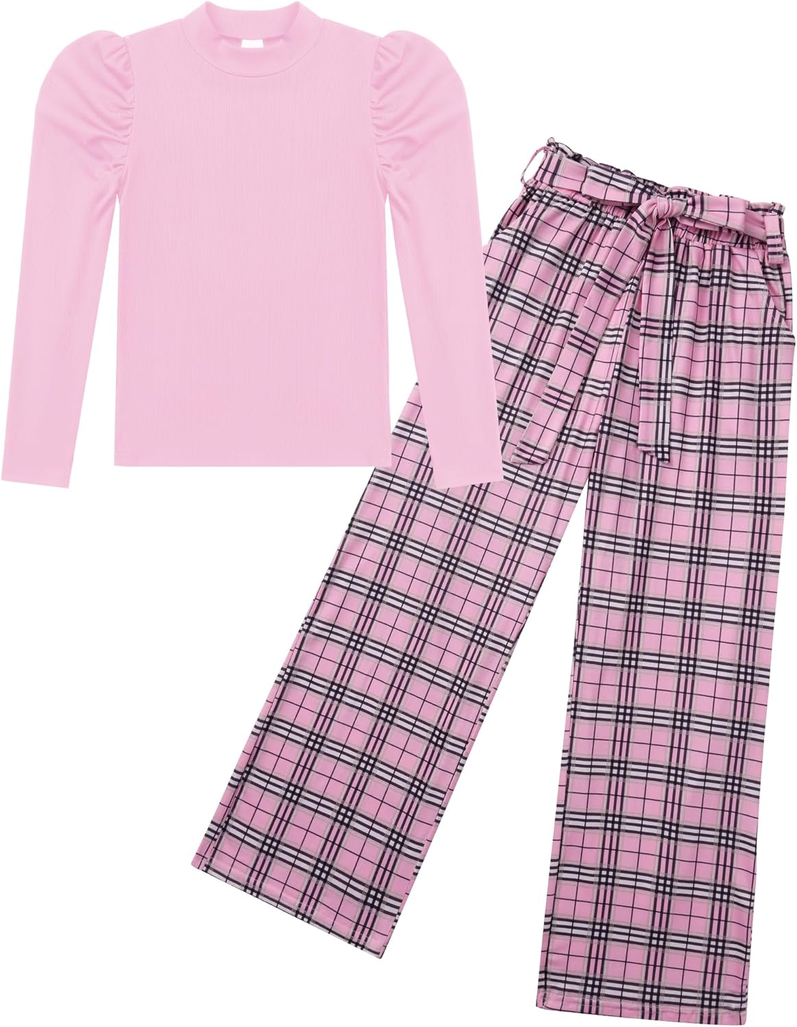 Girls 2 Piece Outfits Fall Winter Plaid Wide Leg Pant & Puff Sleeve Knit Top Christmas Clothes Set for Teens 5-14Y