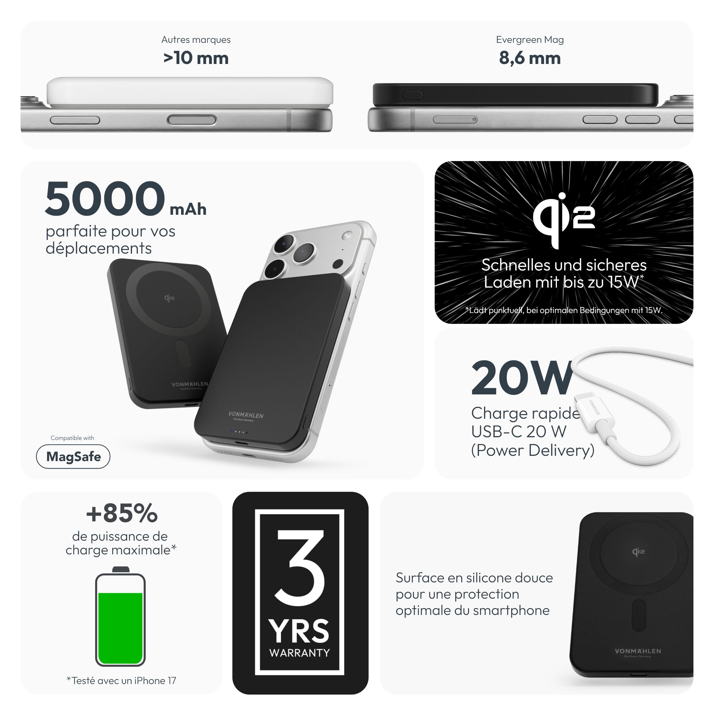 Vonmählen Evergreen Mag - Batterie Externe magnétique Ultra-Fine 5000 mAh, Charge Rapide sans Fil et USB‑C PD, certifiée Qi2 - Noir