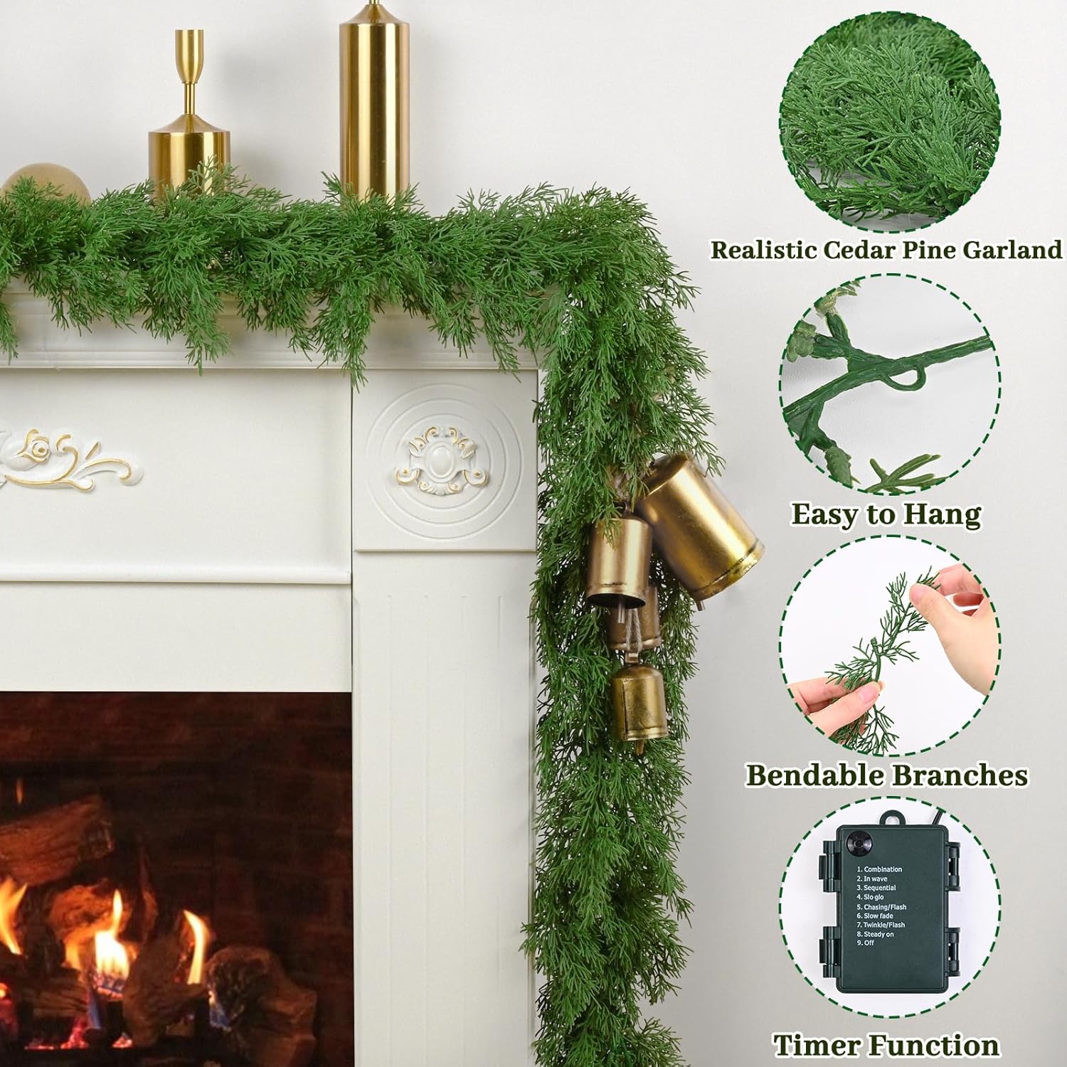 6 FT Faux Cedar Garland Realistic, Christmas Garland with Lights for Mantle, Christmas Real Touch Norfolk Pine Garland for Home Table Front Door Indoor Outdoor Christmas Decor - Image 5