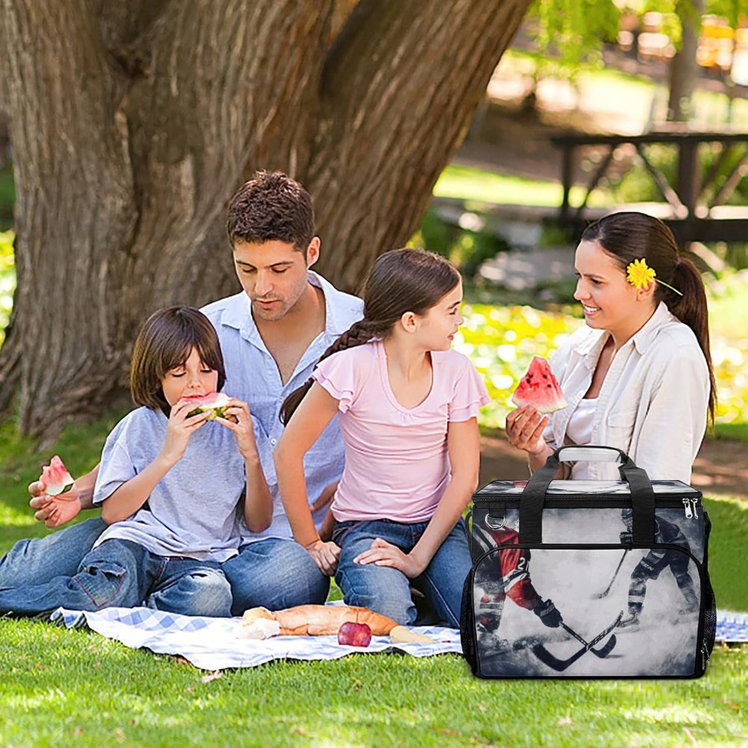 Insulated Picnic Backpack Tote Bag, Large Capacity 30L Ice Hockey Art Cooler Bag Leakproof Beach Bags Portable Lunch Box Waterproof Picnic Basket for Beach Camping BBQ