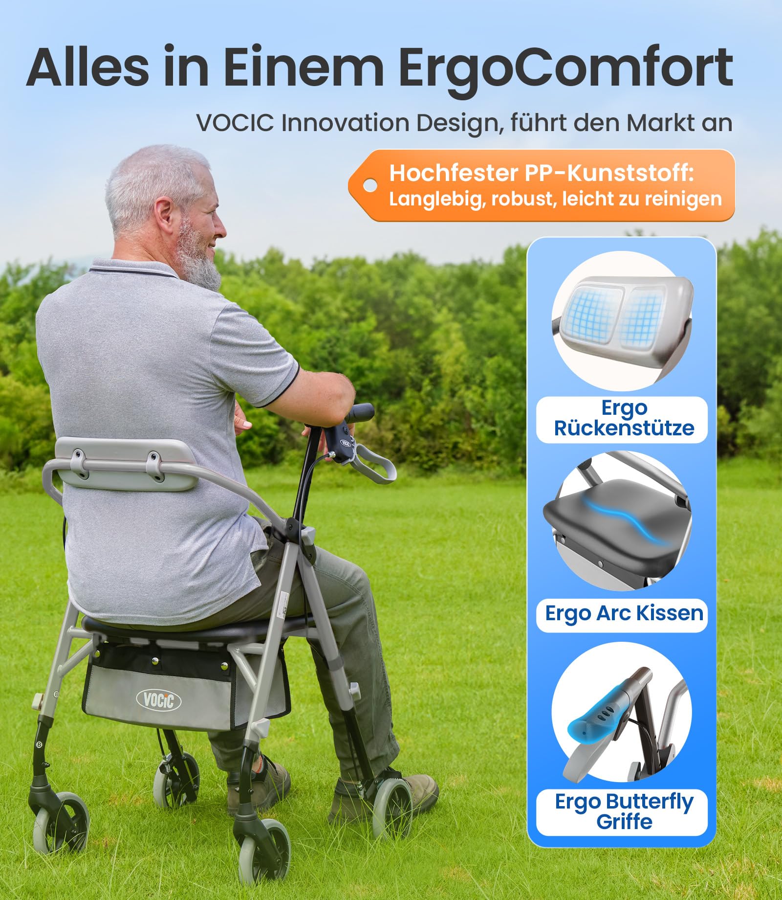 VOCIC Rollator faltbar und leicht mit Sitz, 6,3kg Ultraleicht für Senioren | Rollator klappbar, Max 150 kg, Ergonomischer Sitz, höhenverstellbar, Walker schmal für wohnung & Reise,Silber