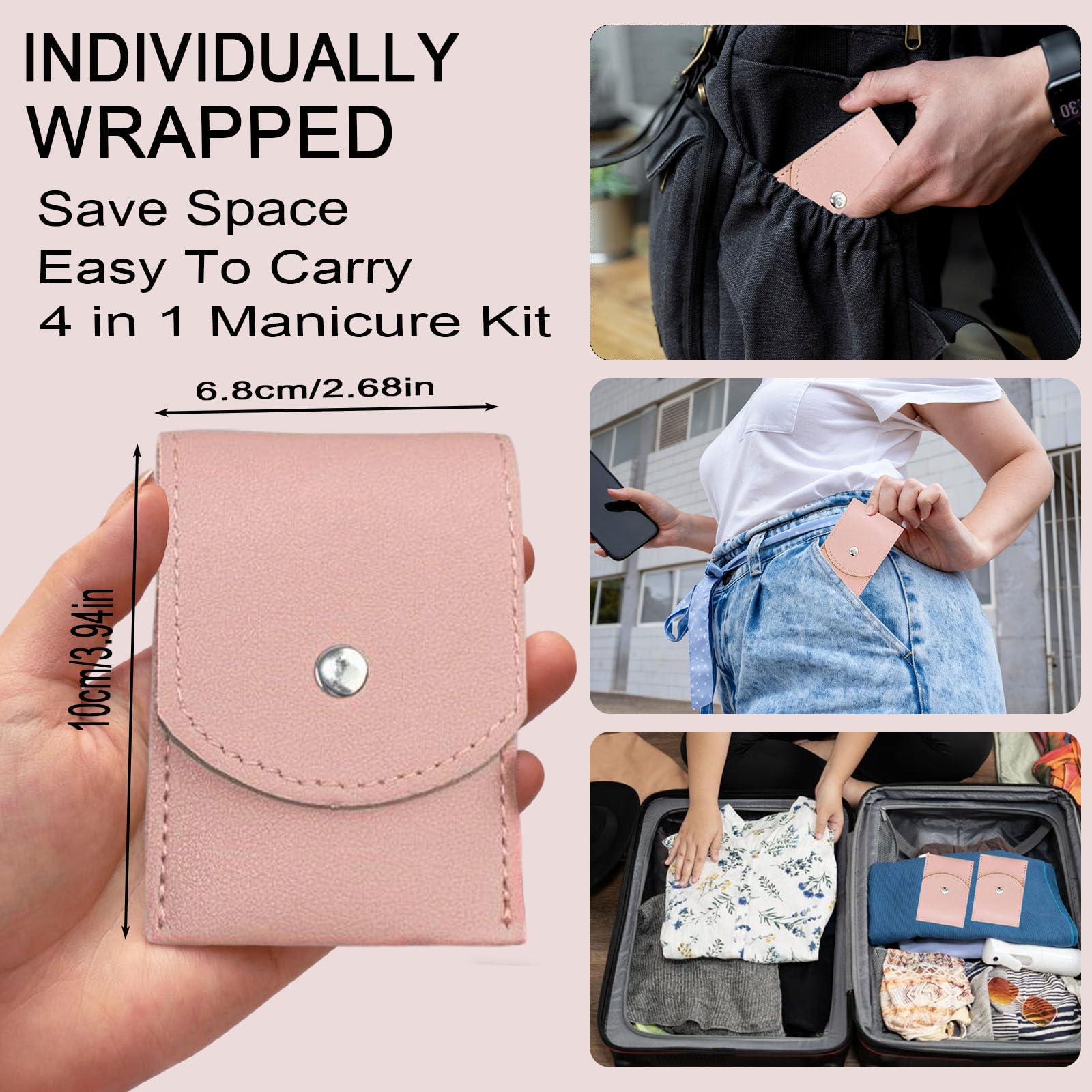 Juego de 24 juegos de manicura profesional de viaje a granel, kit de manicura de viaje 4 en 1 de acero inoxidable para adultos con funda, cortaúñas envuelto individualmente, a granel para personas sin