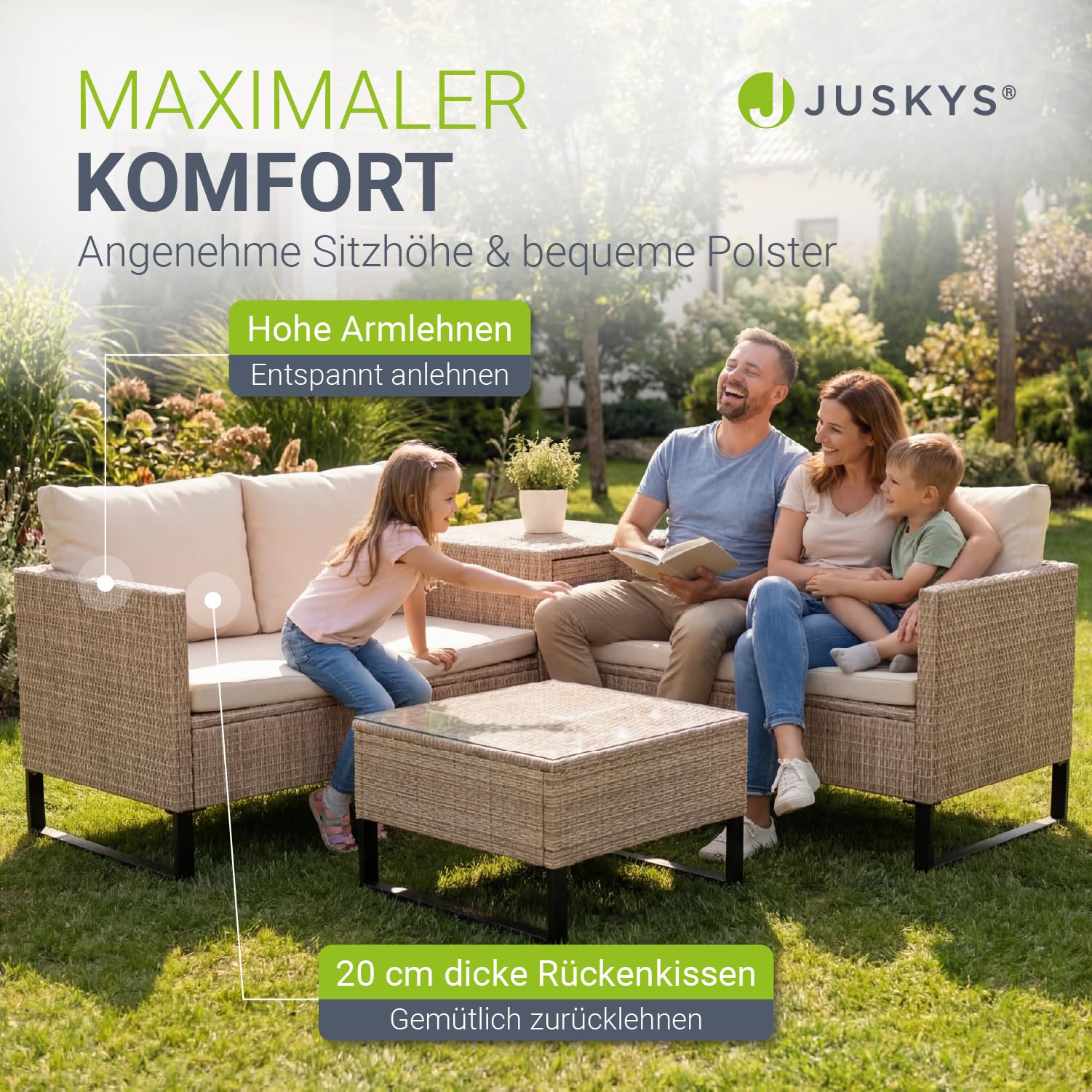 Juskys® Outdoor Polyrattan Lounge Santorini inkl. Abdeckung - Gartenlounge mit Beistelltisch & Auflagenbox - Gartenmöbel Set Rattan Sitzecke wetterfest - Creme