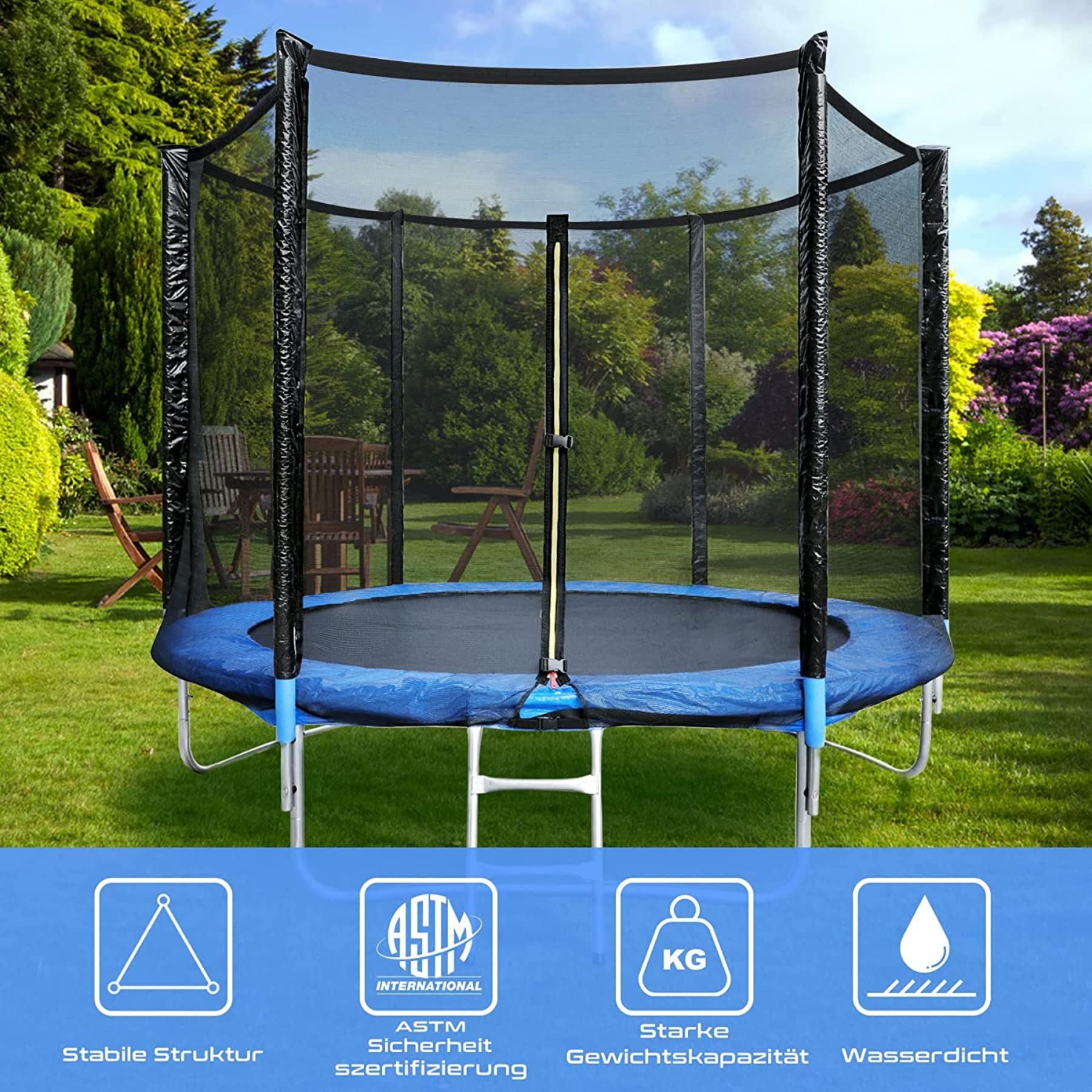 Trampoline Jardin 305/366 Cm Avec Filet - Sécurité Renforcée, Panier Basket, échelle, Charge 440 Lbs, Bleu - 4