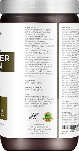 Vista 10 de velona Lecitina líquida pura de girasol, 4 onzas líquidas, grado alimenticio, sin blanquear, emulsionante, estabilizador, suavizante, suavizante