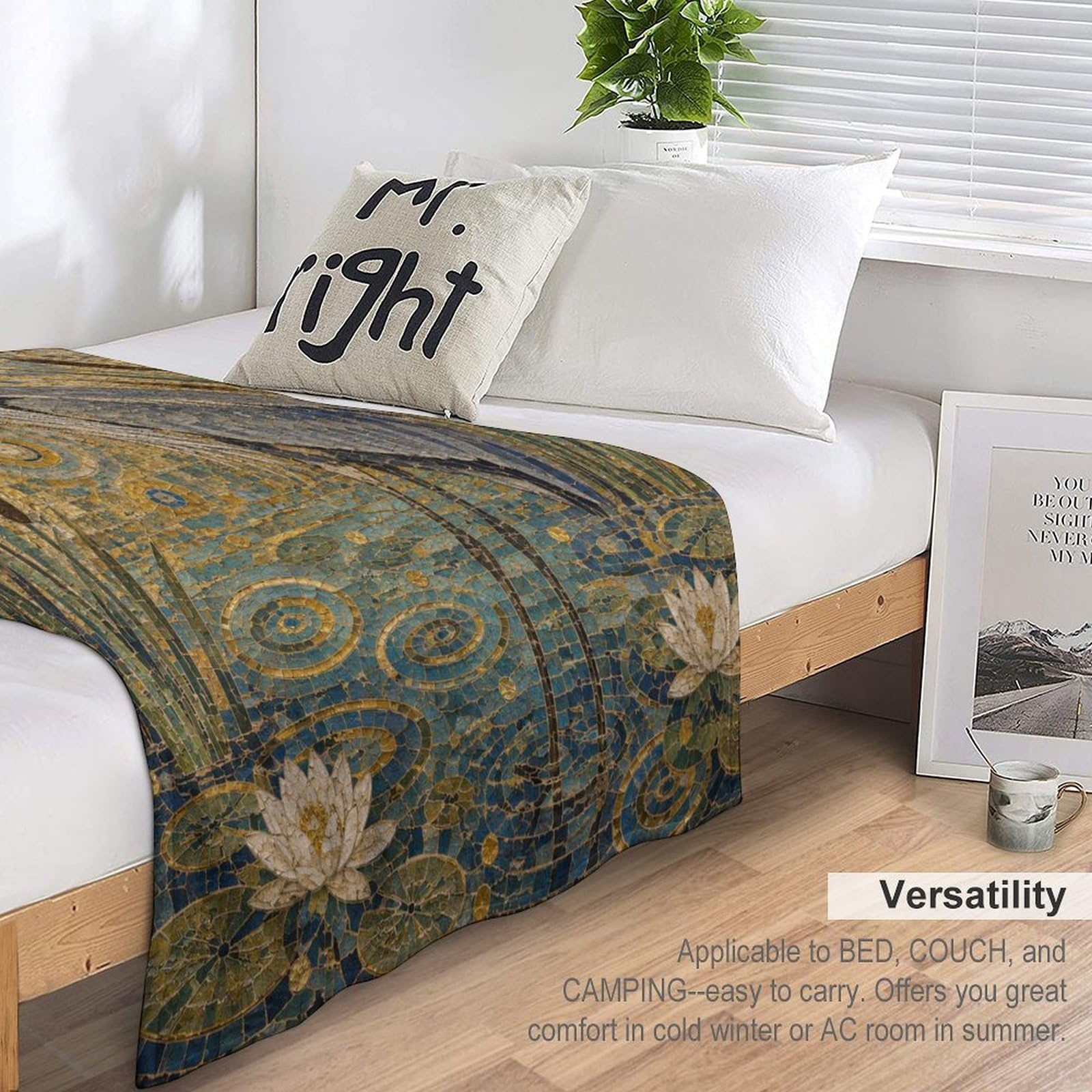 Airone e Loto Coperta Morbida Flanella Divano Letto Coperta Casa Divano | coperta pile divano con Mosaico in oro blu e Uccello delle zone umide, per angolo lettura, soggiorno, 175x200cm(70x80in)