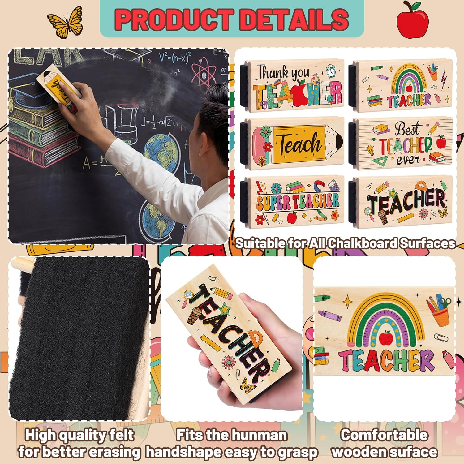 Gueevin 12 Set Teacher Appreciation Gifts Include Wood Chalkboard Eraser Black Ink Ribbon Marker Teachers Week Gift from Student End of The Year Gifts for Back to School Classroom Accessory