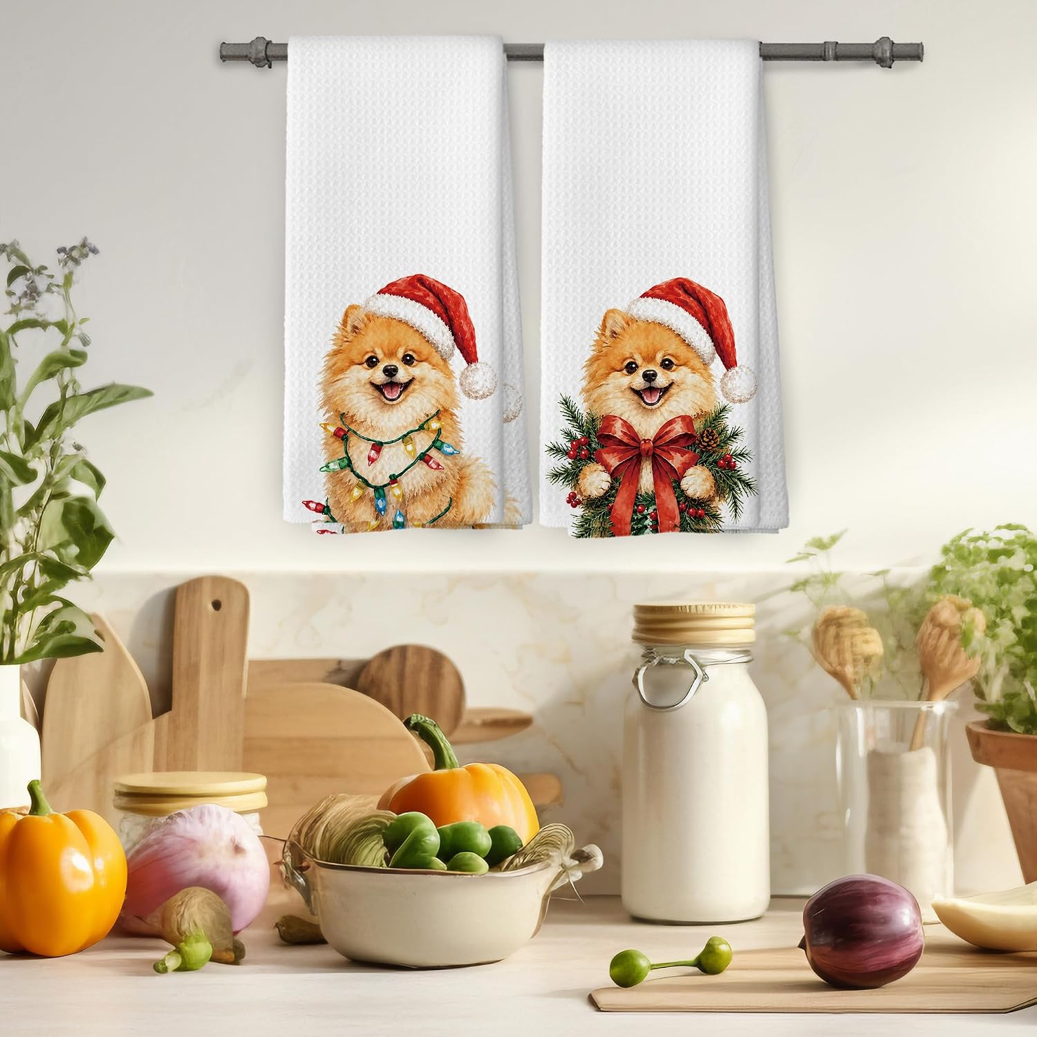 Funny Christmas Pomeranian Xmas Lights Kitchen Towels Set of 2, image 4