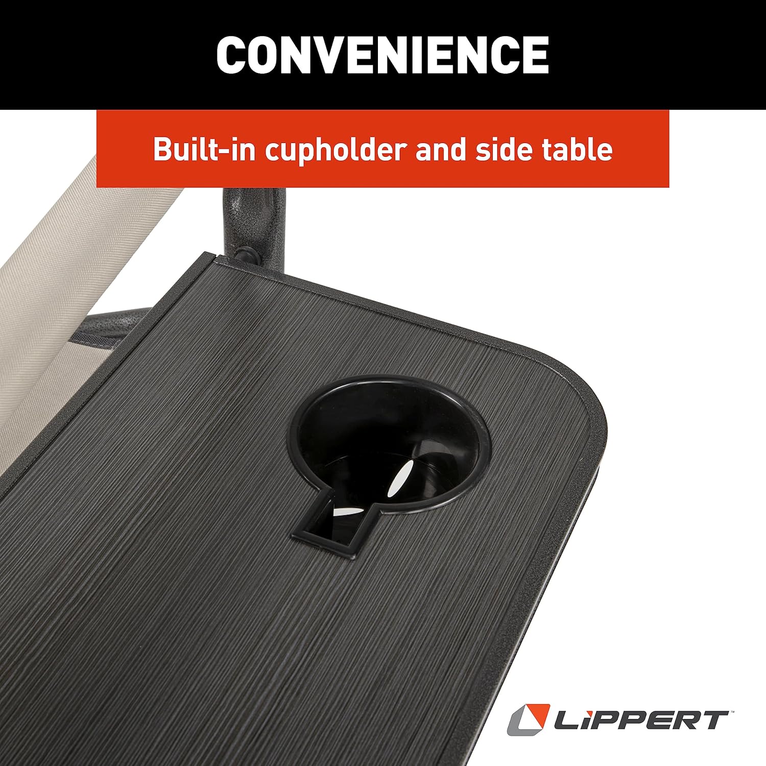 Lippert Components Scout Plus Director Chair with Side Table for Camping, Foldable, Steel Tube Frame, 600D Polyester, UV and Water Resistant PVC Coating, 400 lb. Weight Capacity, Sand - 2021123282