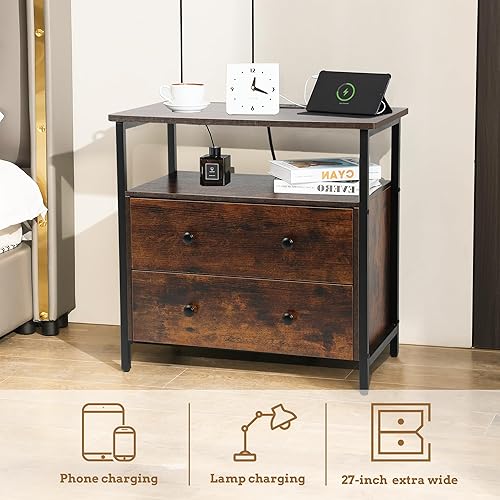Miniatura 4 de Mesita de noche de 27 pulgadas de ancho con estación de carga, mesita de noche con estante abierto, cómoda pequeña de madera con 2 cajones, mesita