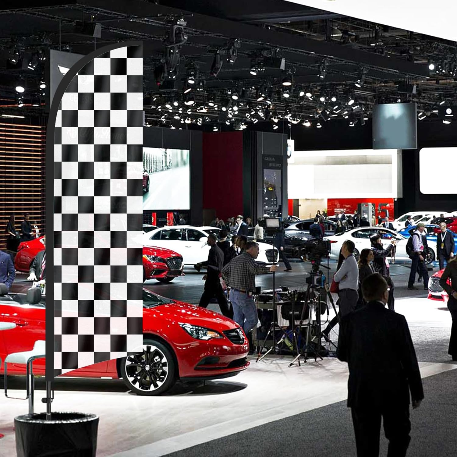 Checkered Feather Flags Banner, Checkered Swooper Flags with Poles and Ground Stake, 8FT Checkered Feather Flags Sign for Outside Business (Black and White)