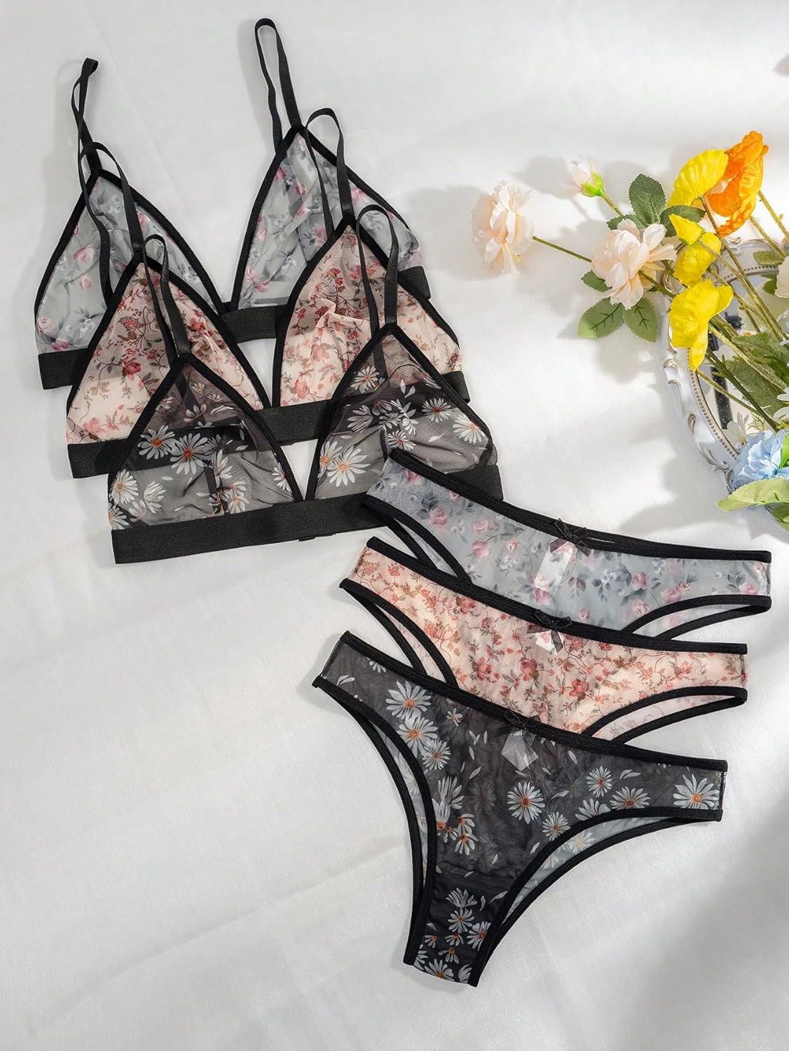 Women's 3 Pack Floral Print Mesh Lingerie Set Wireless Low Rise Sheer Matching Bra and Panty Set - Image 7