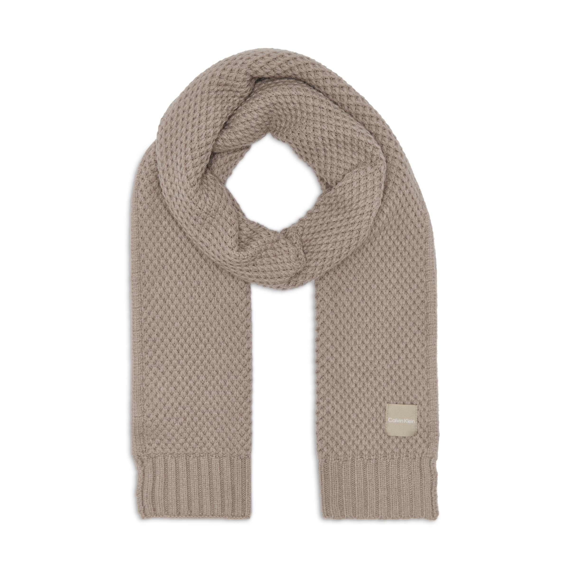 Calvin Klein Women's Chunky Waffle Knit Cozy Scarf with CK Logo Patch, Heathered Almond, One Size