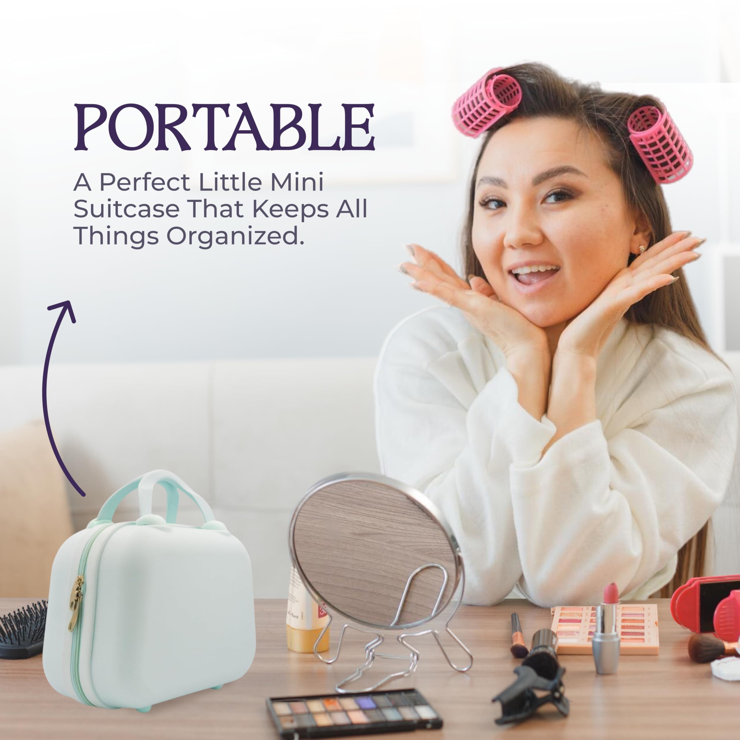 Bolsa de maquillaje de viaje para mujer, neceser de viaje grande para cosméticos, cuidado de la piel, estuche de cosméticos rígido de 12 pulgadas, Azul claro
