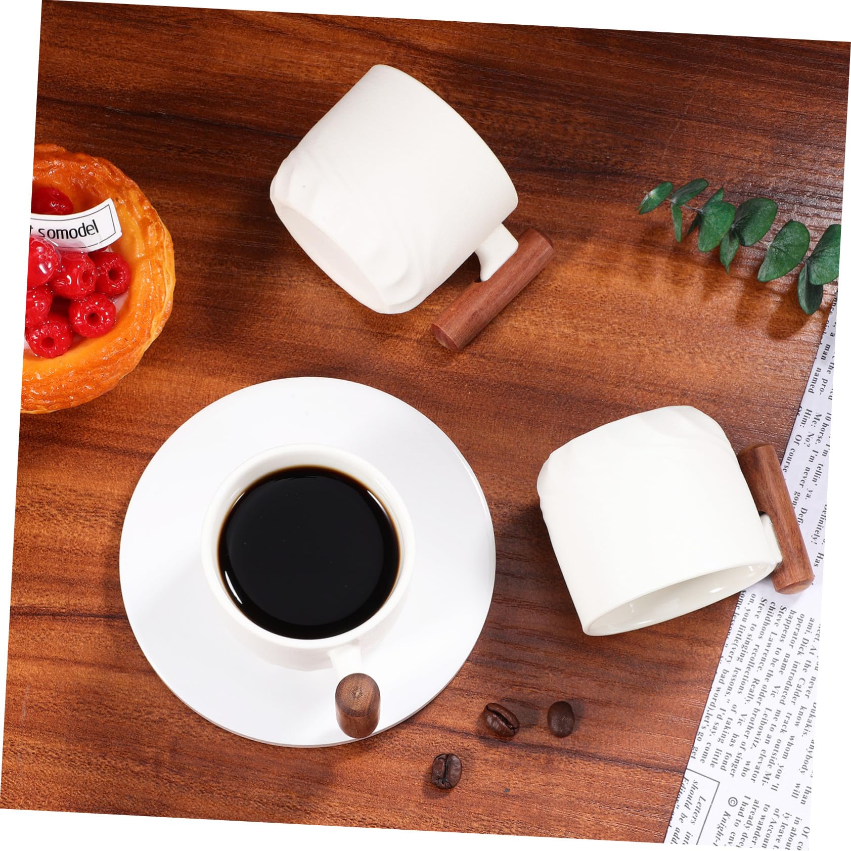 Hemobllo 4pezzi Tazze da Caffè in Ceramica con Manico in Legno Tazze da Tè per Bevande Calde e Fredde
