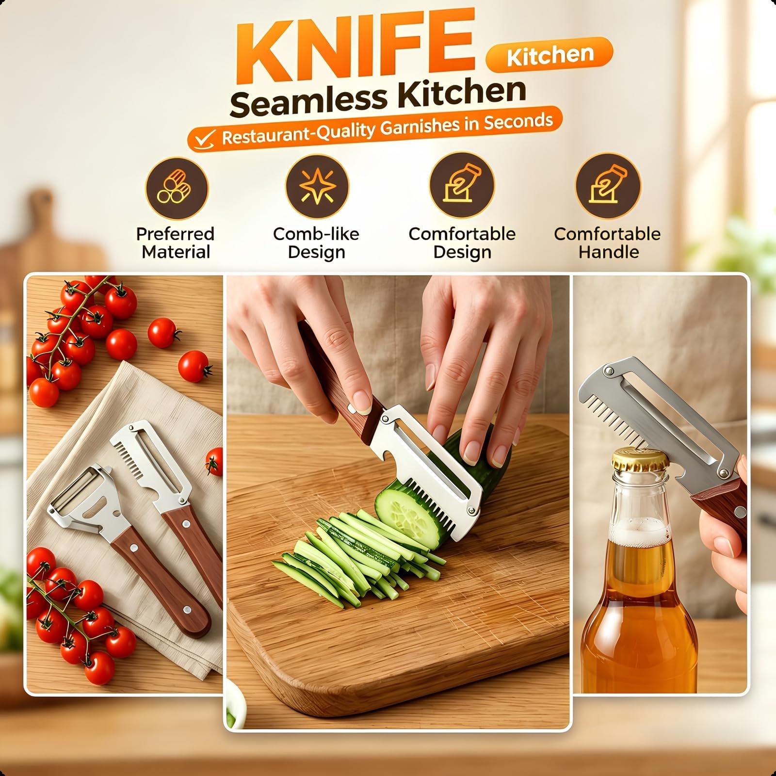 2-Pack Multifunctional Vegetable Peeler, 3 in 1 Kitchen Peeler with Wooden Handle, Grater & Bottle Opener for Potato, Carrot, Apple, Fruit & Vegetable — view 3