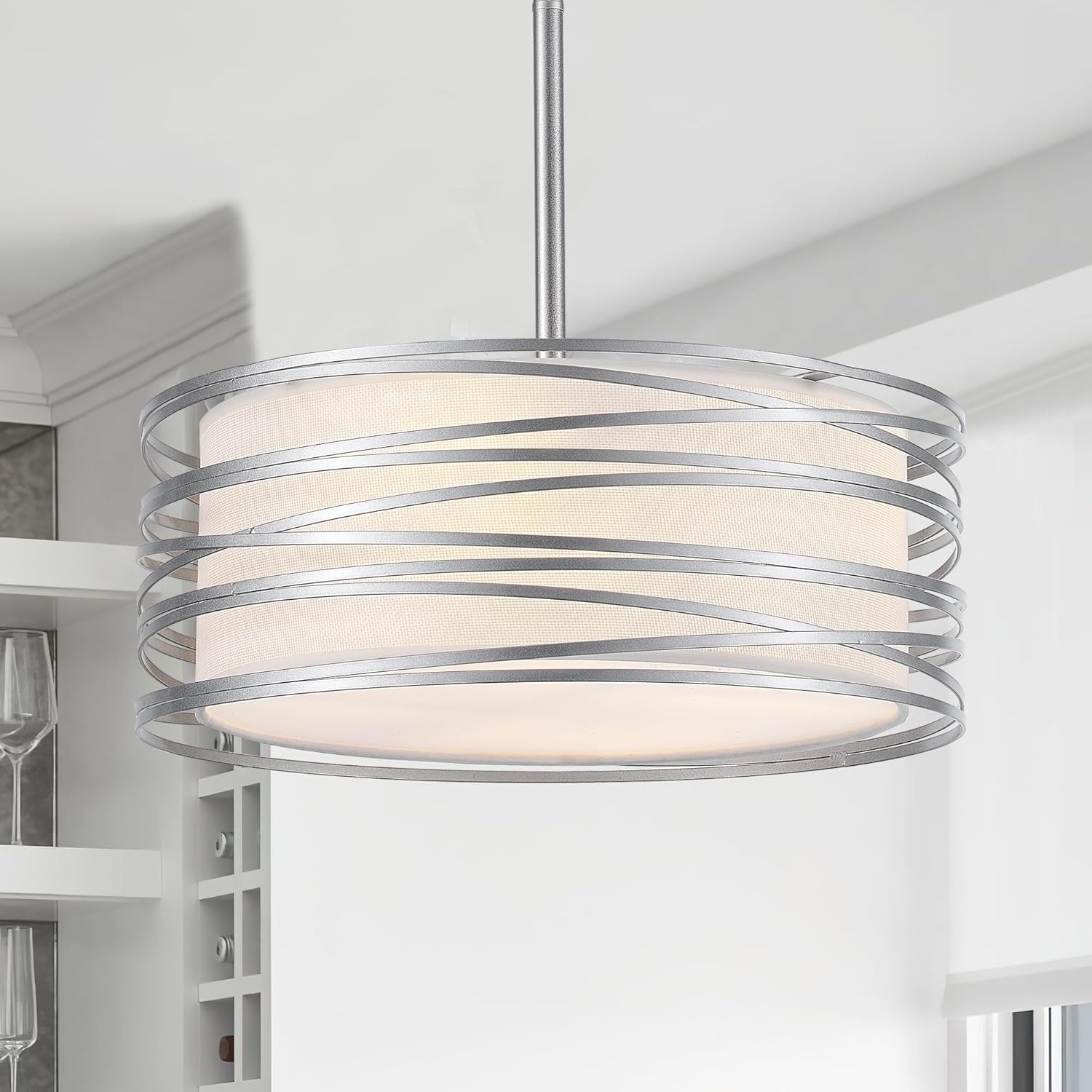 15.7" Brushed Nickel Drum Chandelier for Dining Room, Modern 4-Light Pendant Light with White Fabric Shade, Rustic Farmhouse Ceiling Light for Hallway Kitchen Island Bedroom