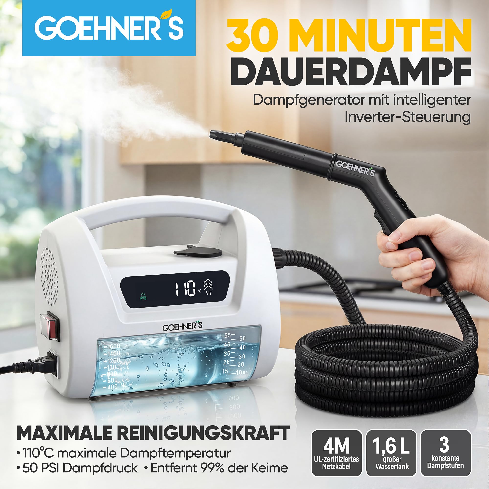 Handdampfreiniger, 110°C/3,5 Bar Hochdruck-Dampfreiniger Handgerät mit 1,6L Tank, Dampfreiniger für alles - Steam Cleaner Für Auto Fliesen Fugen Küche Bad Polster ohne Chemie (weiß)