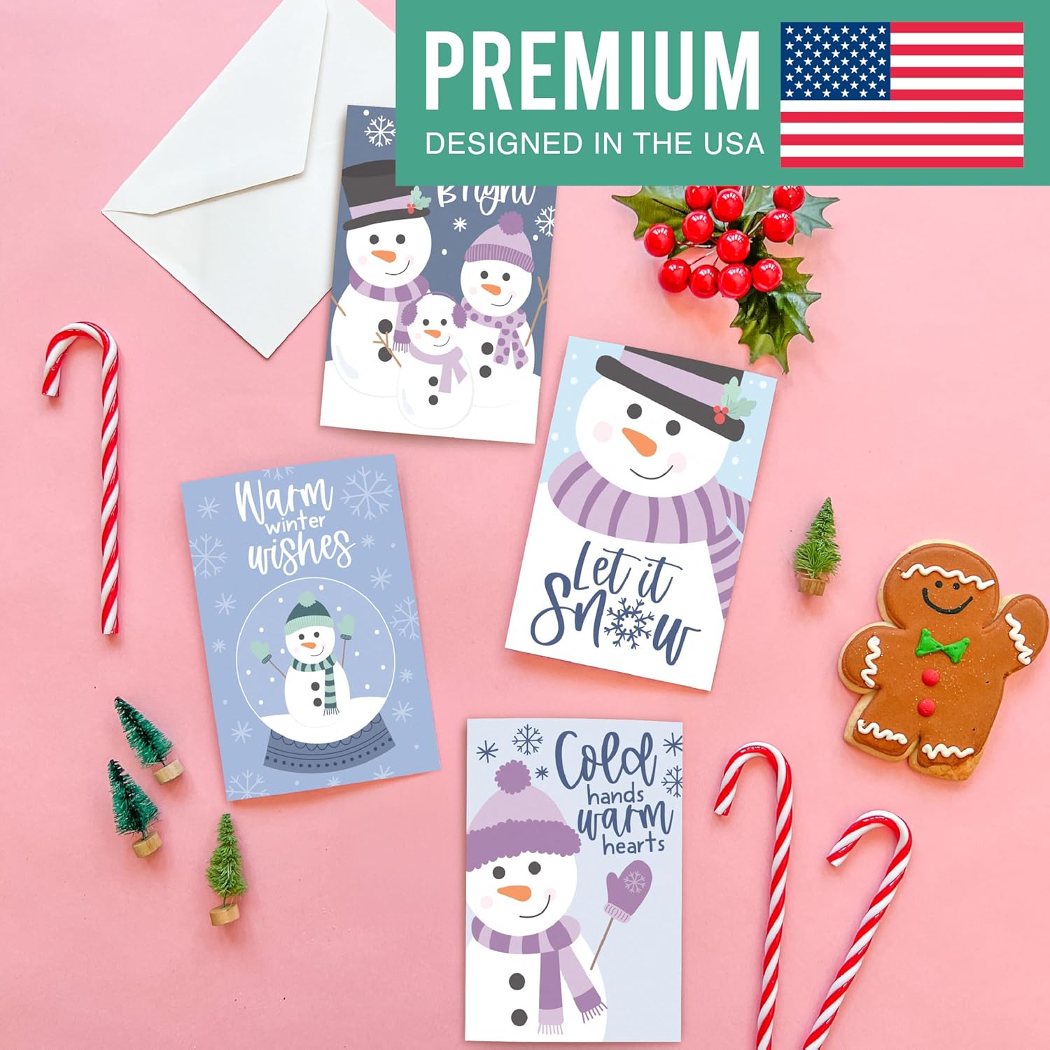 Hadley Designs Blank Christmas Cards With Envelopes - 54 Winter Holiday Cards With Envelopes, Business Happy Holidays Card Bulk, Snowman Seasons Greeting Card for Family & Friends, Designed in USA - Image 3