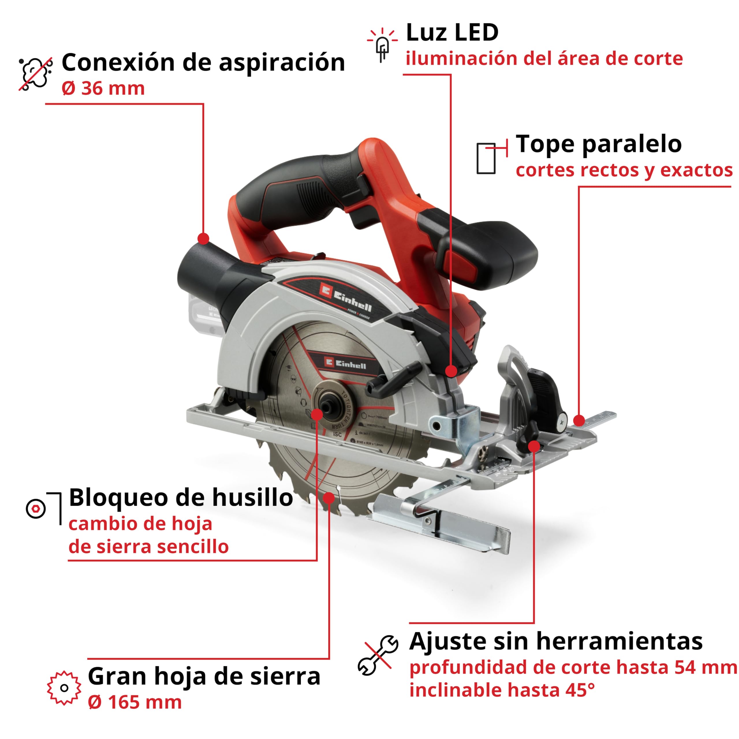Einhell Sierra circular inalámbrica TE-CS 18/165-1 Li-Solo Power X-Change (iones de litio, 18 V, 4.200 min-1, gran estribo de agarre, bloqueo de husillo, incl. hoja de sierra de metal duro)