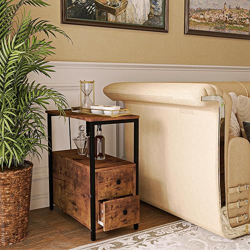 Miniatura 8 de Mesa auxiliar con estación de carga, mesa auxiliar con 2 cajones de madera, mesita de noche estrecha de 2 niveles con puertos USB y tomas de