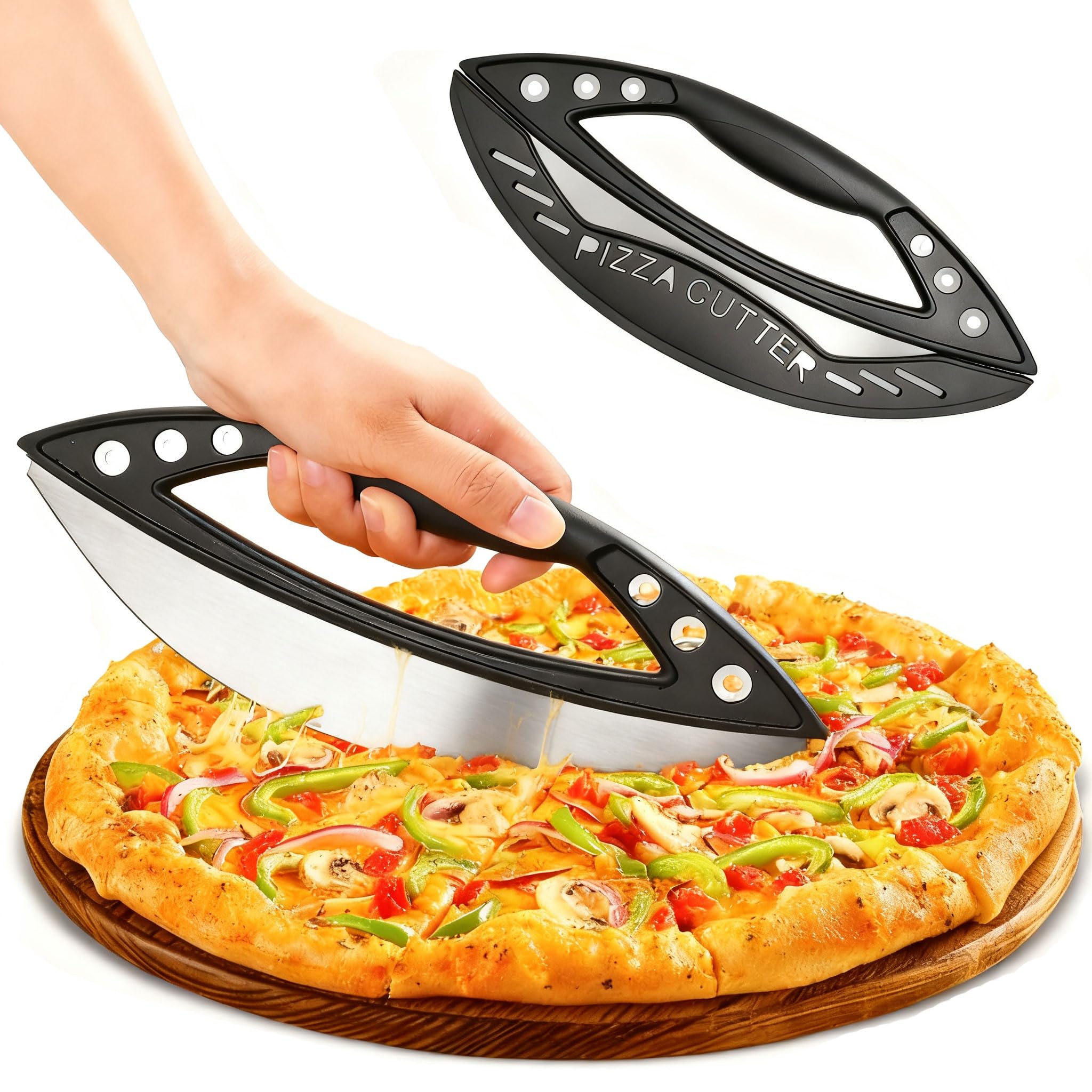 GIUSOBG Pizzaschneider Wiegemesser 29cm Pizzamesser mit Klingenschutz Geeignet zum Schneiden von Pizza Edelstahl Pizza Pizzaschneider Pizzaschieber Cutter Gemüse, Nüssen und Anderen Lebensmitteln