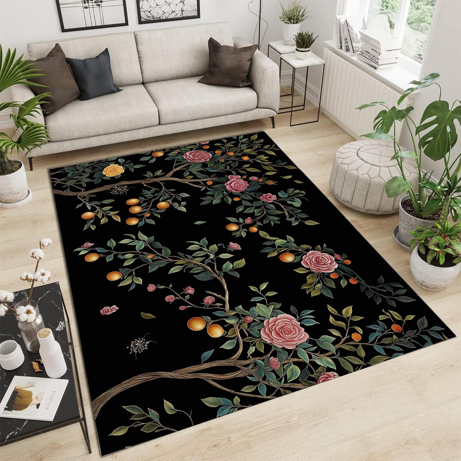 Tapis de salon antidérapant et doux motif rose et branche