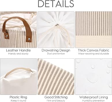 Sea Team Striped Laundry Hamper Canvas Basket with Leather Handles Grey