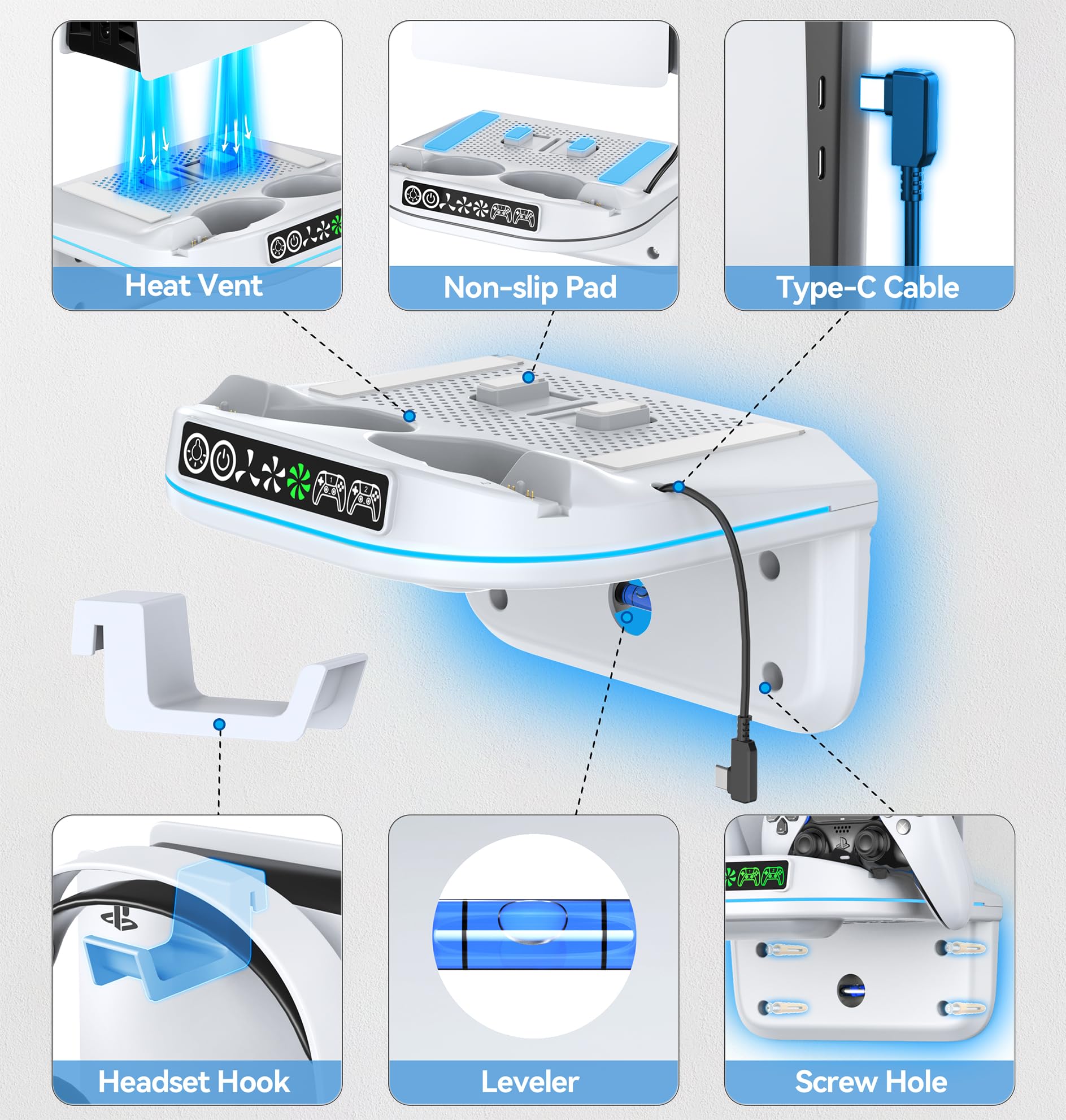 Rysker PS5 Wandhalterung kompatibel mit Playstaiton 5/Slim/Pro mit Controller Ladestation, PS5 Wall Mount mit Kühler und 9 RGB Licht