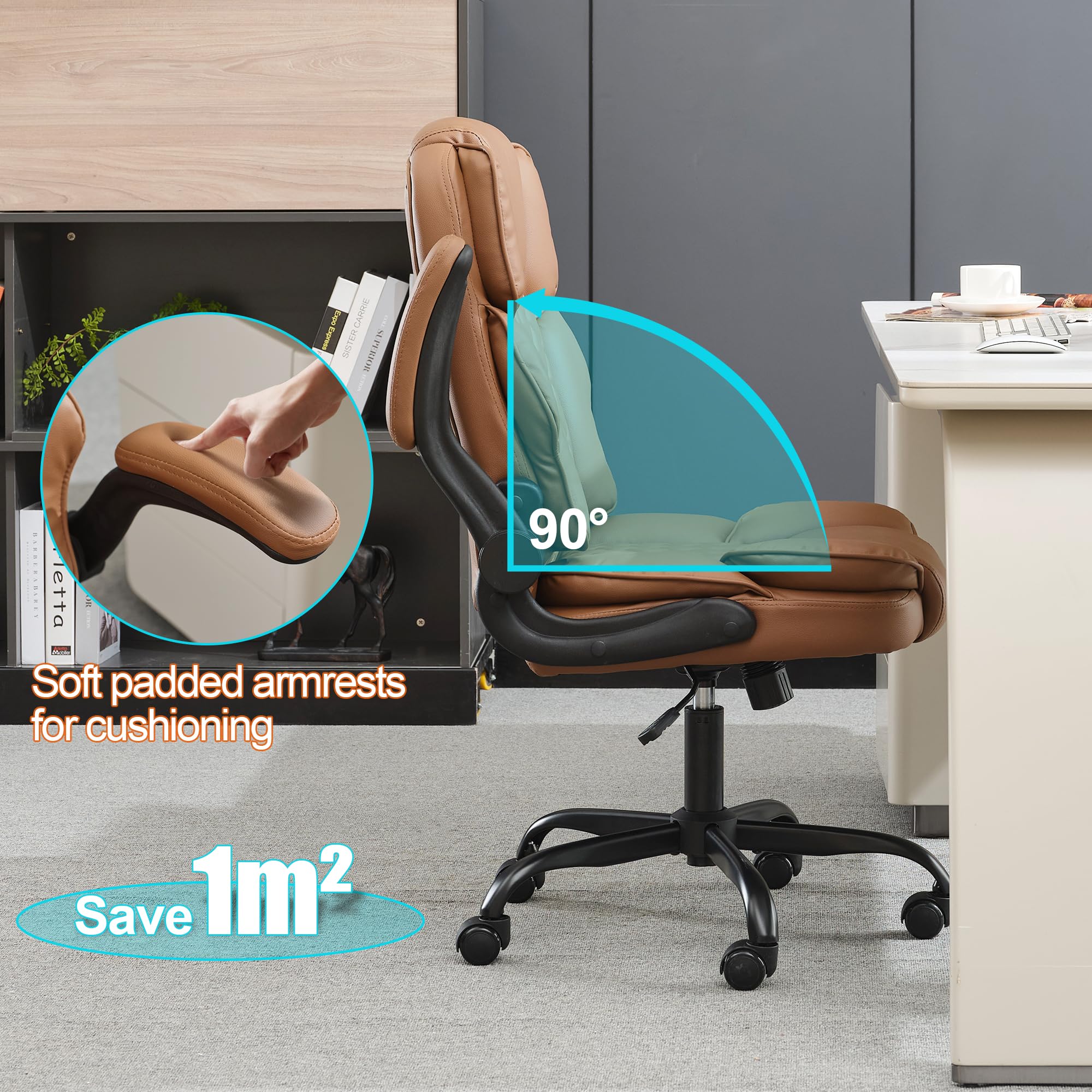 Office Desk Chair,Mid Back Executive Leather Chair,Ergonomic Home Computer Chair,Modern Conference Room Chairs with Adjustable Flip-Up Arms and Rocking Function (Brown)