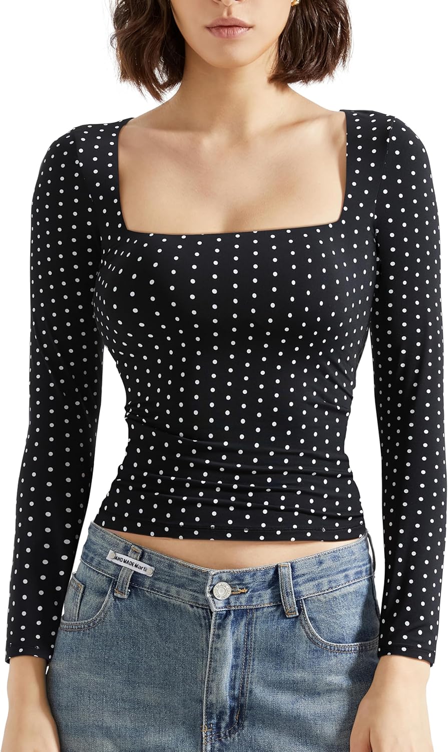 SUUKSESS Women Square Neck Long Sleeve Tops Double Lined Going Out T Shirts