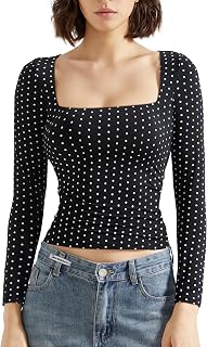 SUUKSESS Women Square Neck Long Sleeve Tops Double Lined Going Out T Shirts