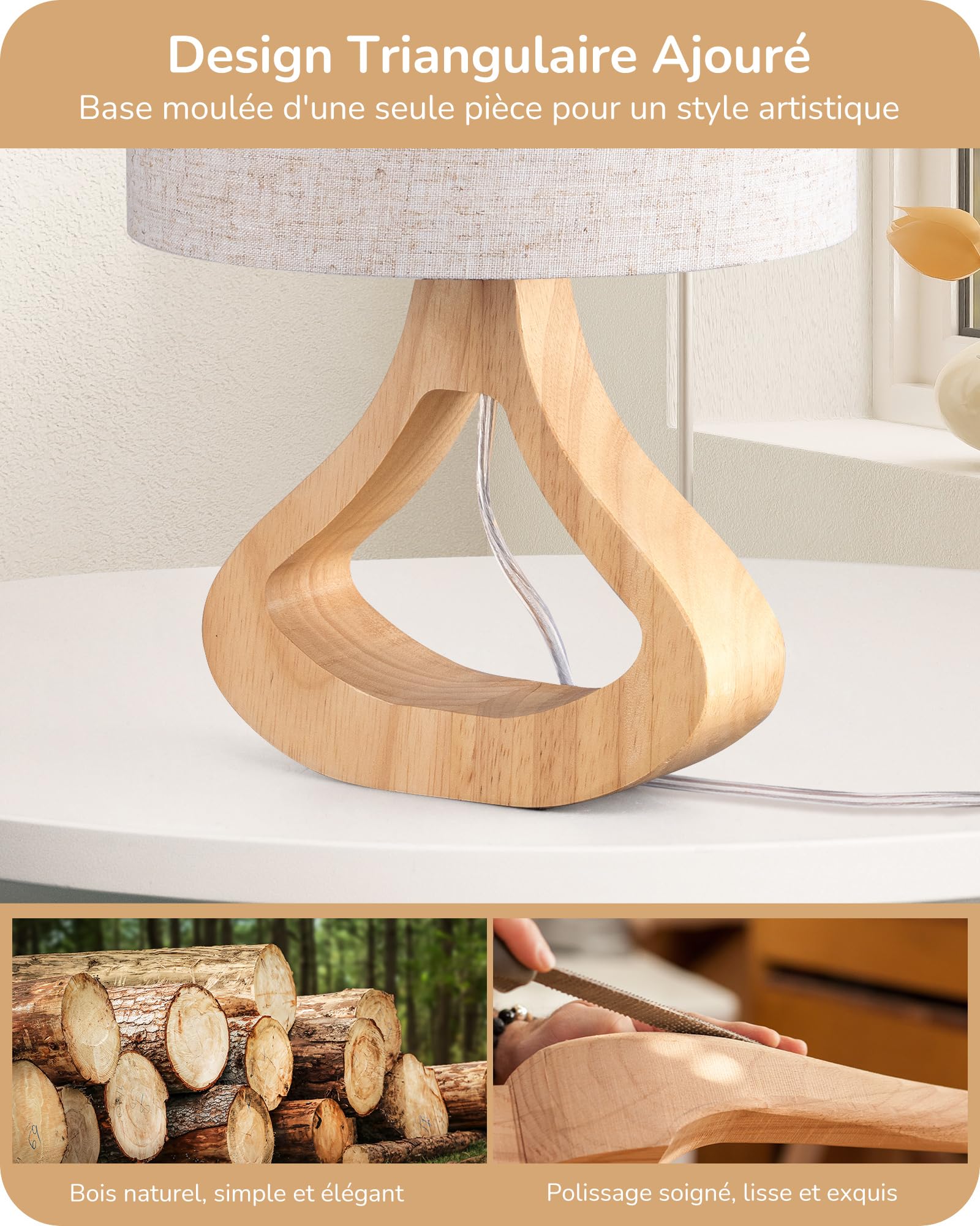 EDISHINE Lampe de Chevet avec Abat-jour en Lin & Base en Bois Massif de Teinte Chêne Clair, E27 4W Ampoule LED Incluse, 2700K Blanc Chaud, H34 cm, Ø21 cm, Lampe de Table Moderne pour Salon, Chambre