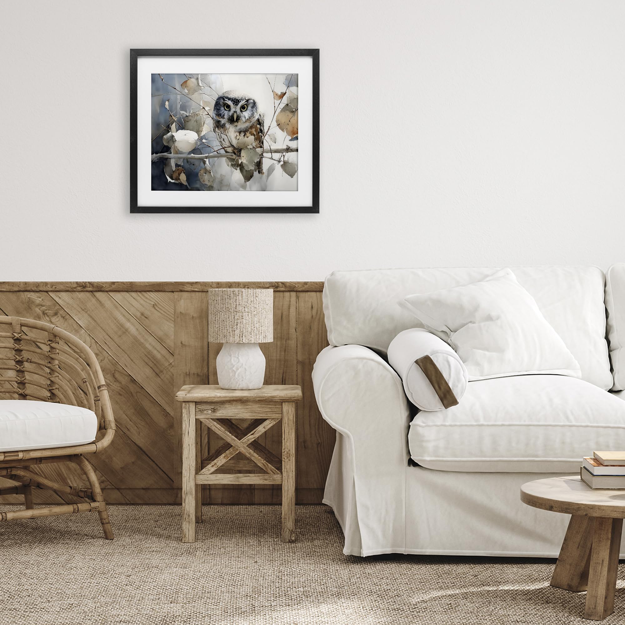 Hoot Owl Autumn Branch Rustic, 33 x 40,6 cm, stampa incorniciata sotto