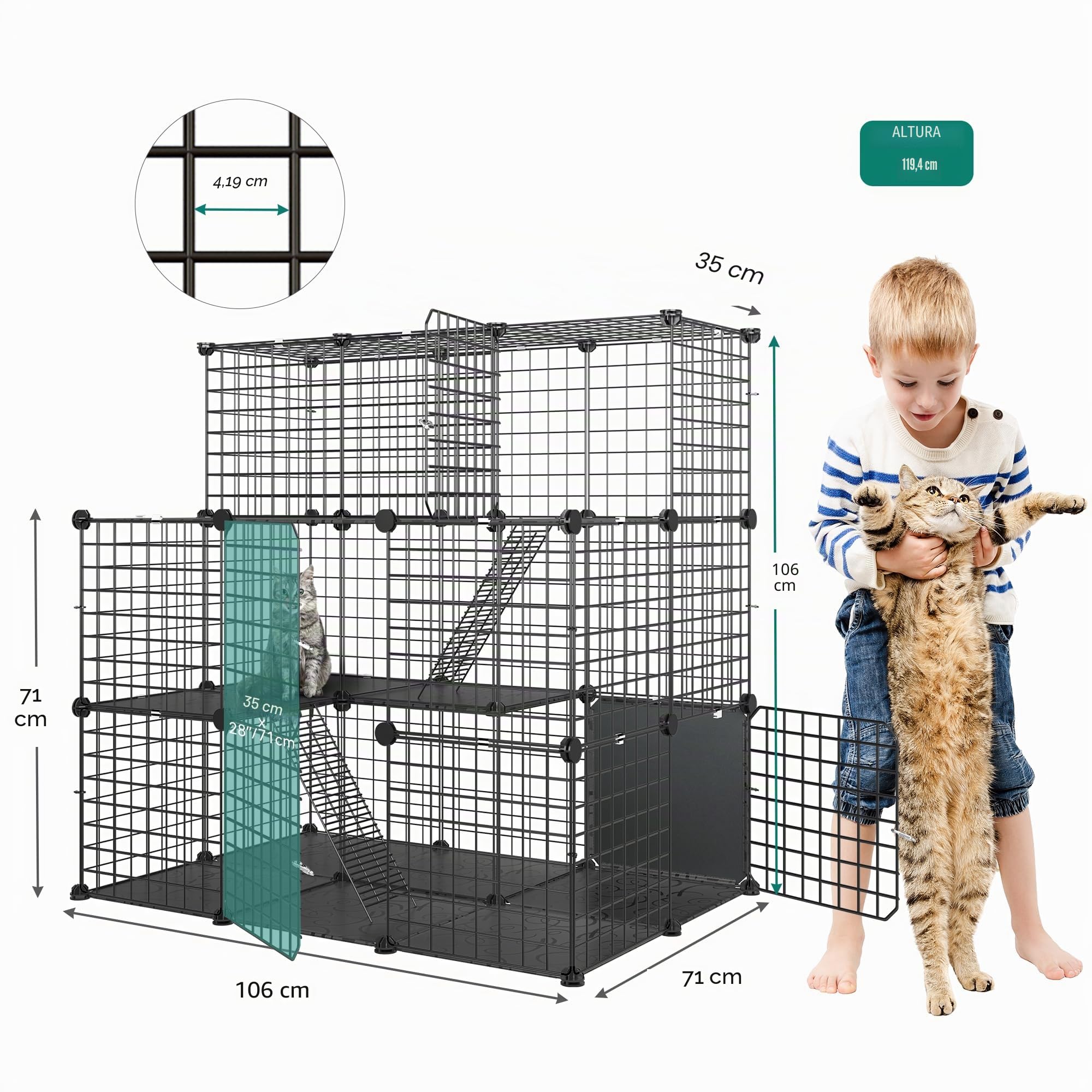 YITAHOME Jaula Grande para Gatos de Interior con balcón, perreras de Alambre de Metal Desmontables de 3 Niveles, Jaula para Gatos de Bricolaje para 1-3 Gatos, 106 x 71 x 106 cm
