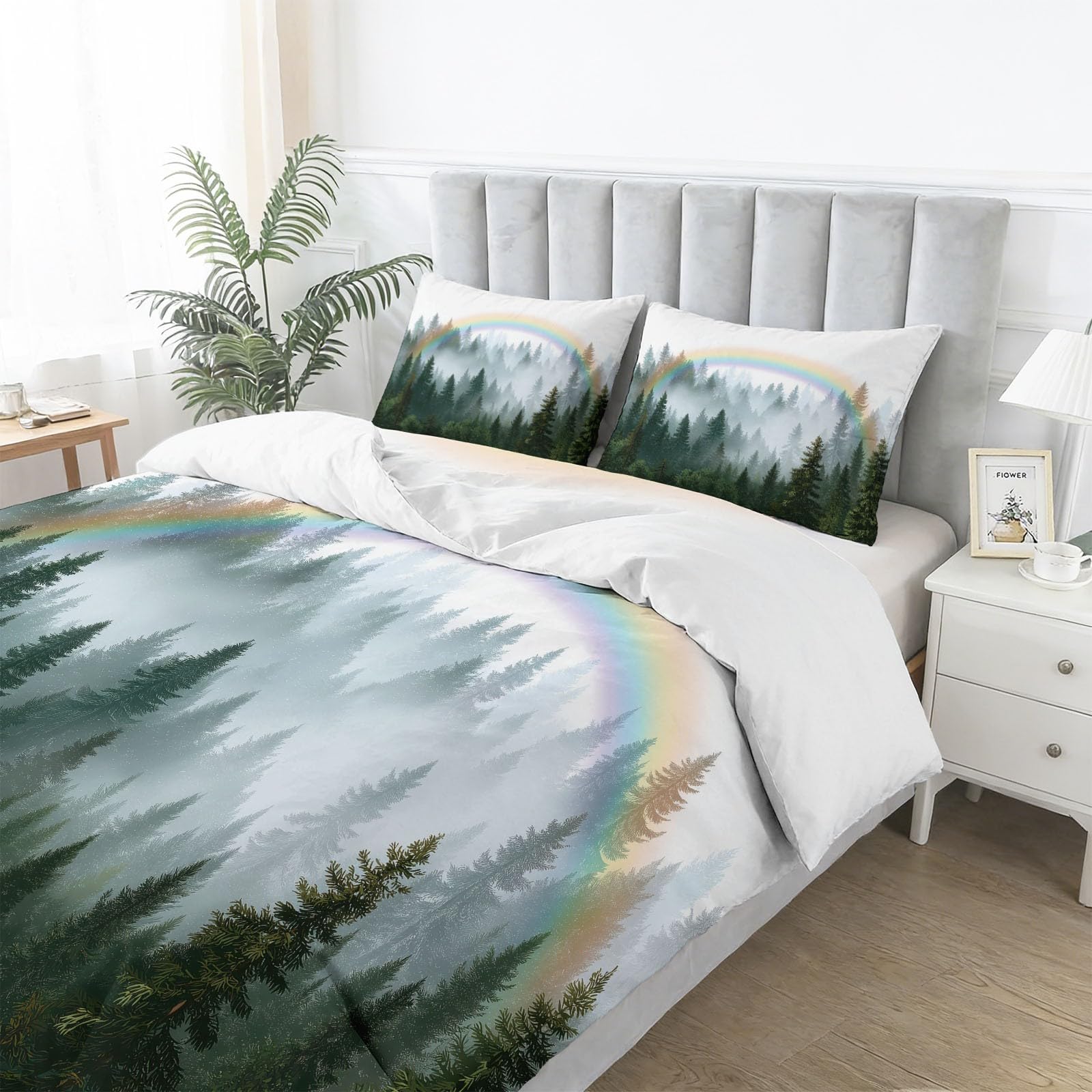 Nature Rainbows Forests Mist zestaw pościeli zielony dwustronny zestaw poszewek na kołdrę, miękka szczotkowana mikrofibra, poszewka na kołdrę 230 x 220 cm, poszewka na kołdrę, 2 poszewki na poduszki i