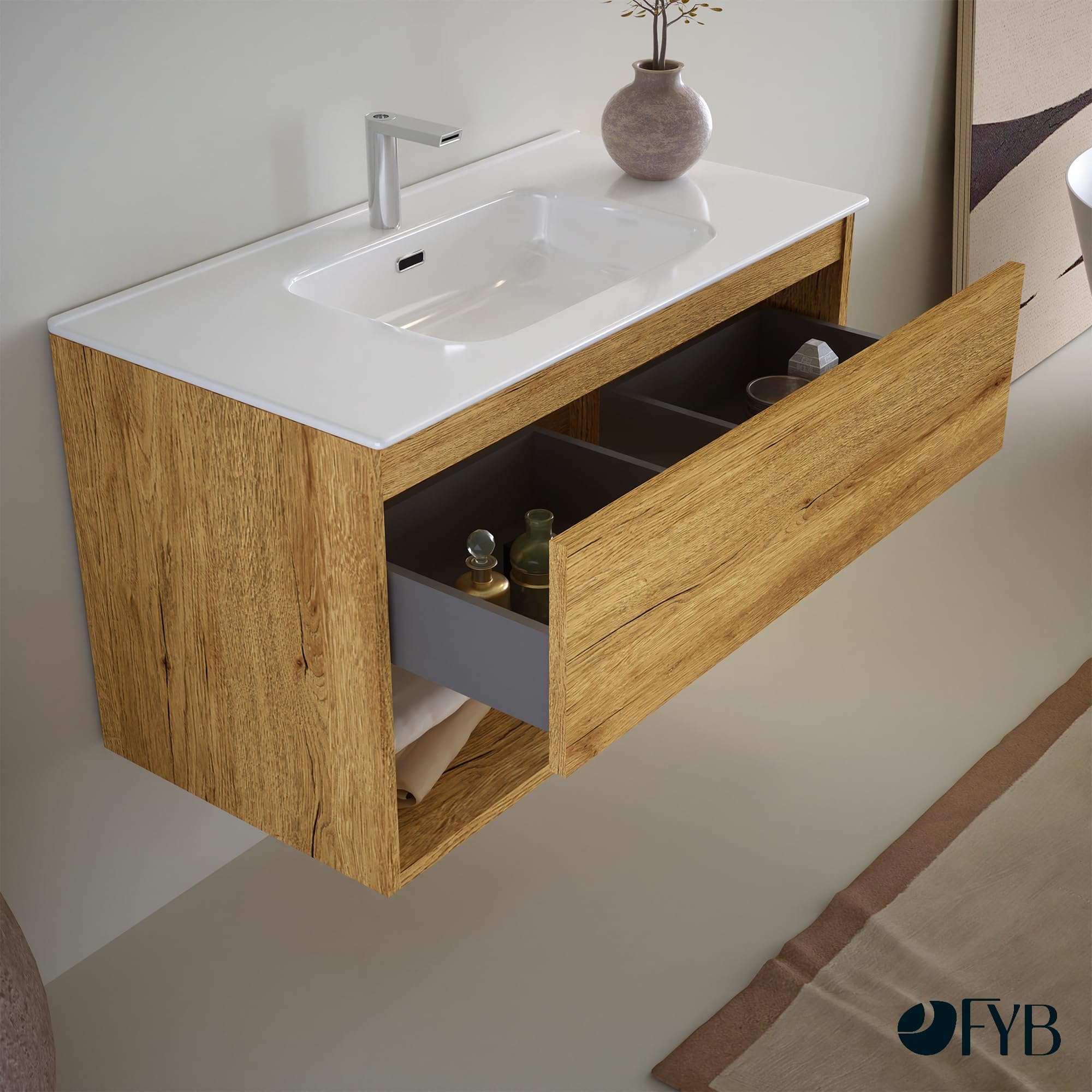 Mueble de Baño PANTER Decorativo 60 cm Marrón Madera, 1 Cajón Soft Close, Encimera Cerámica Blanco Brillo con Lavabo y Espejo Ovalado LED Antivaho, Diseño Suspendido, Compacto